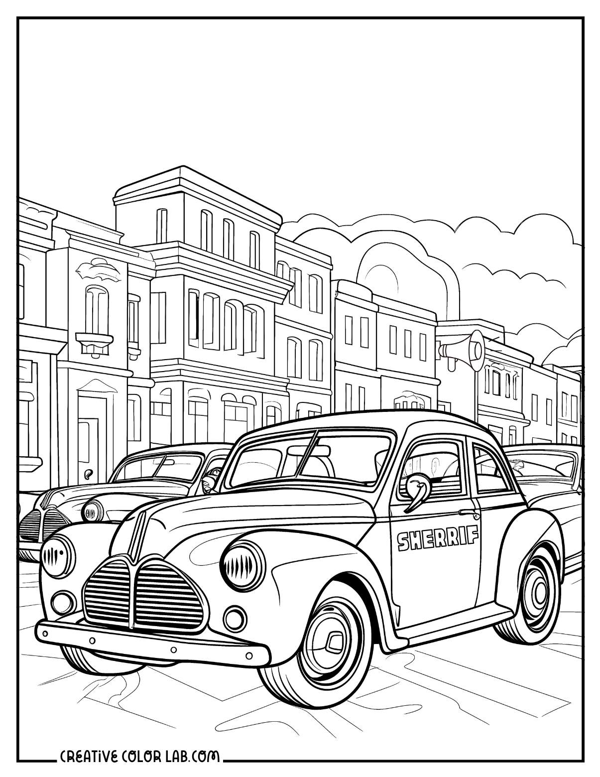 A vintage police sheriffs car coloring page.