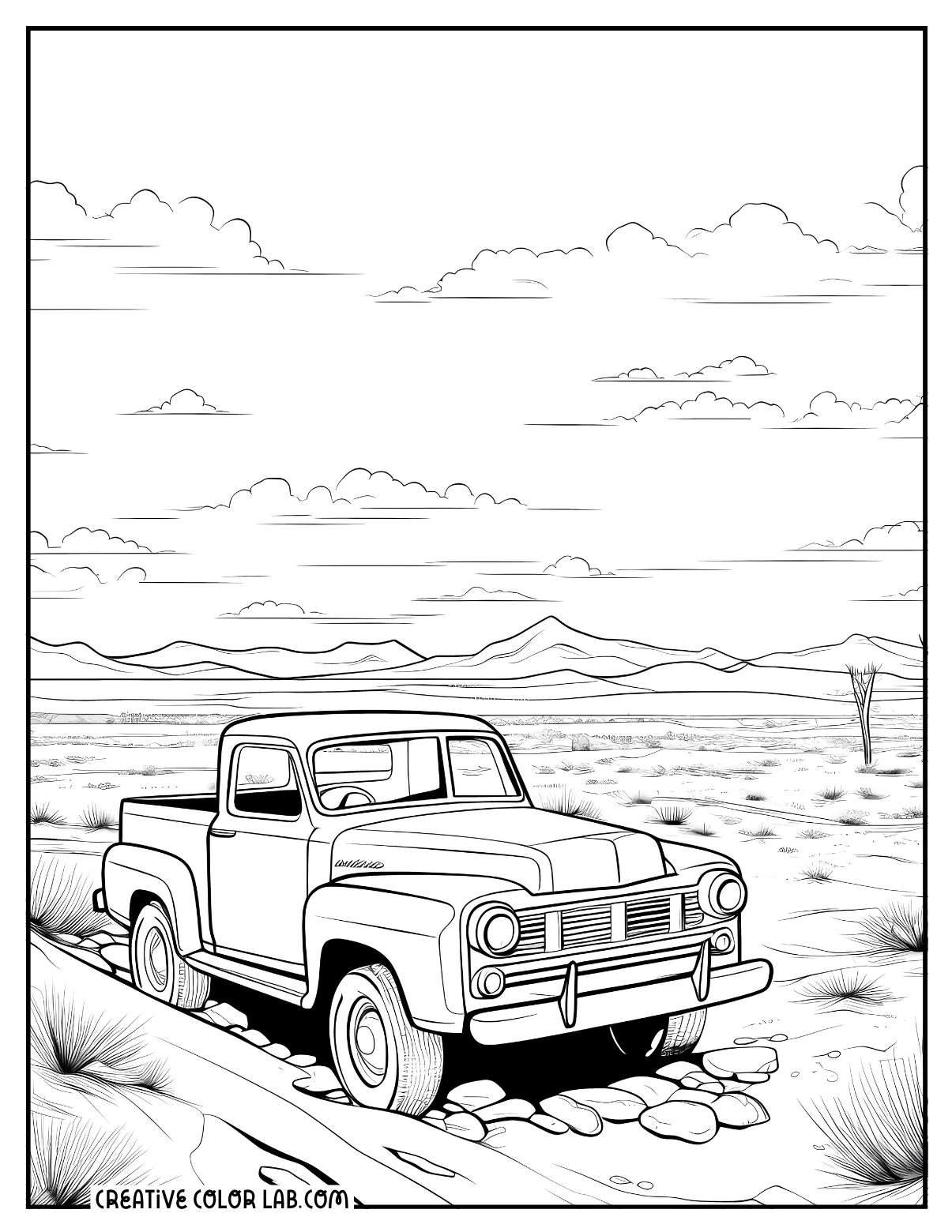 Vintage truck coloring page for adults.