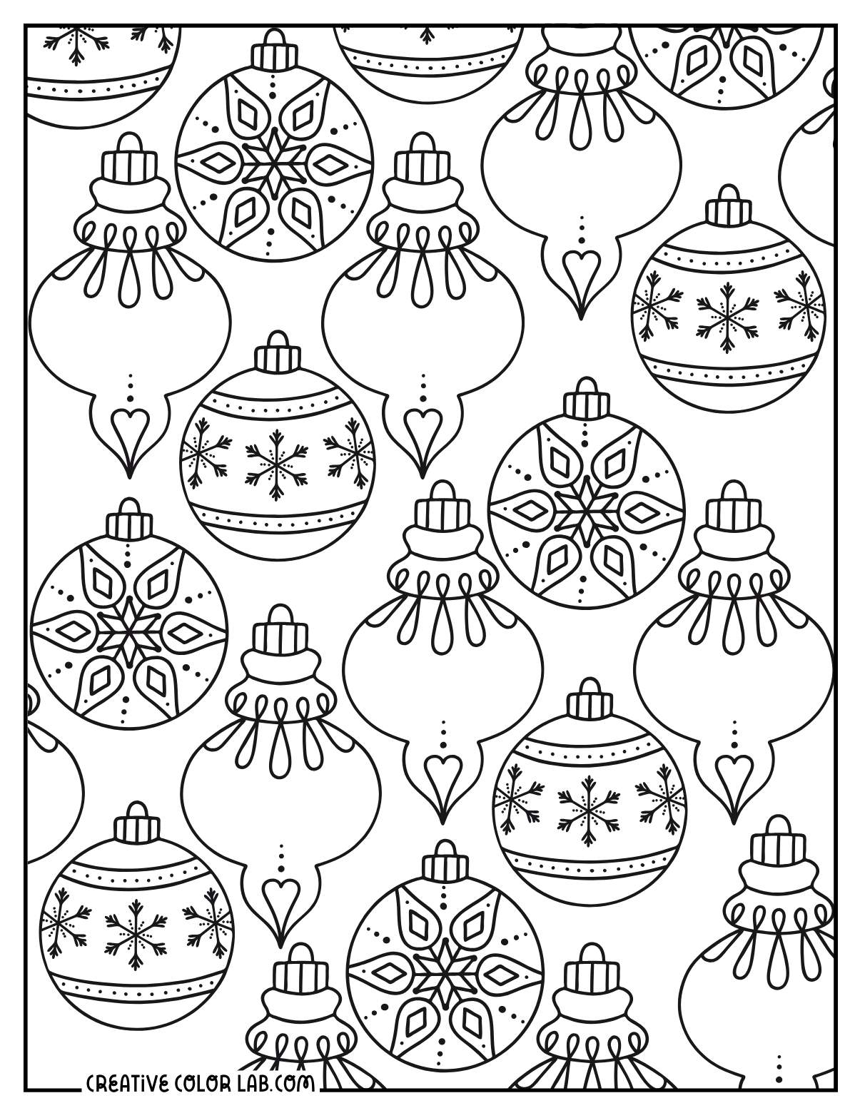 Detailed vintage christmas ornaments coloring page for adults.
