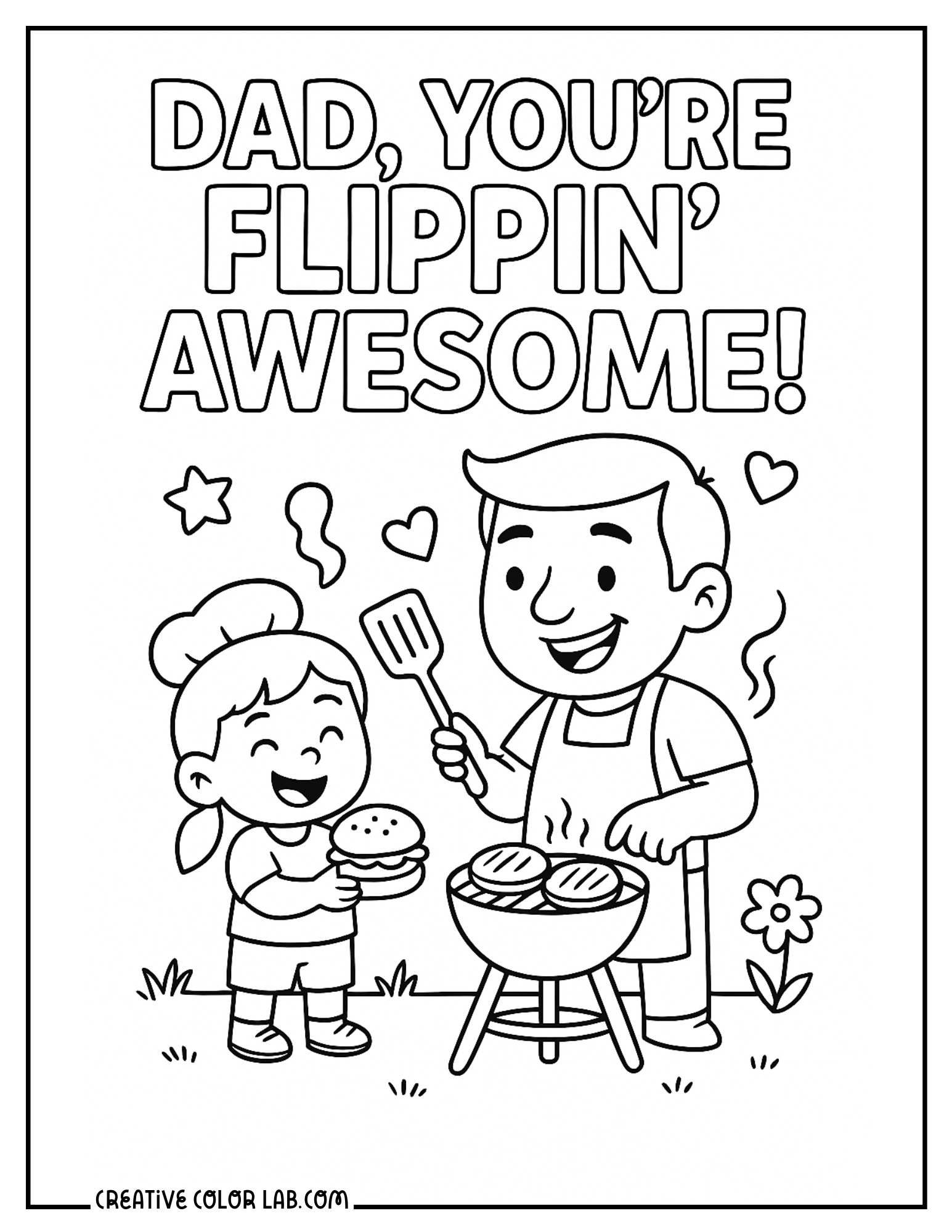 Dad and daughter flipping burgers together coloring page.