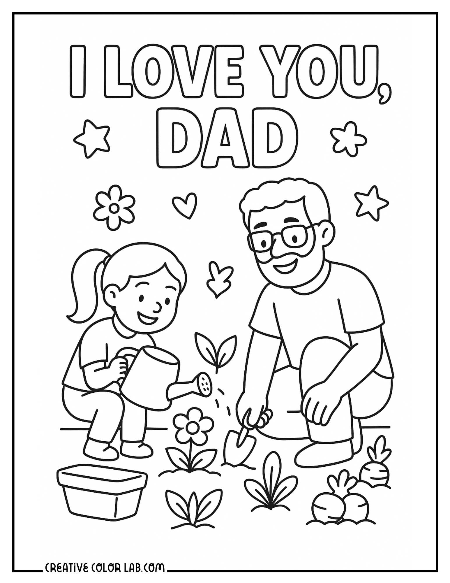 Dad and daughter gardening coloring page.