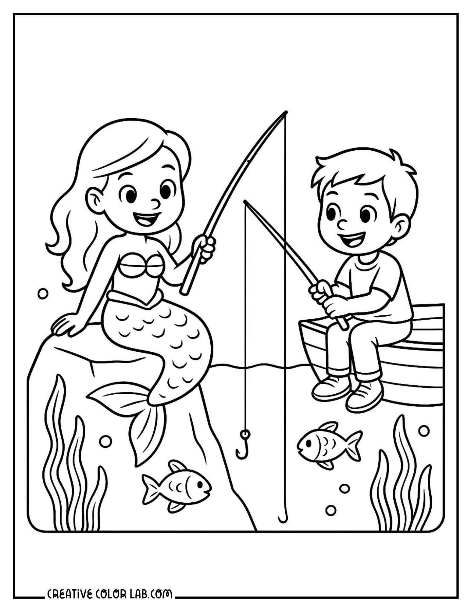 A cartoon mermaid fishing with a boy picture to color.