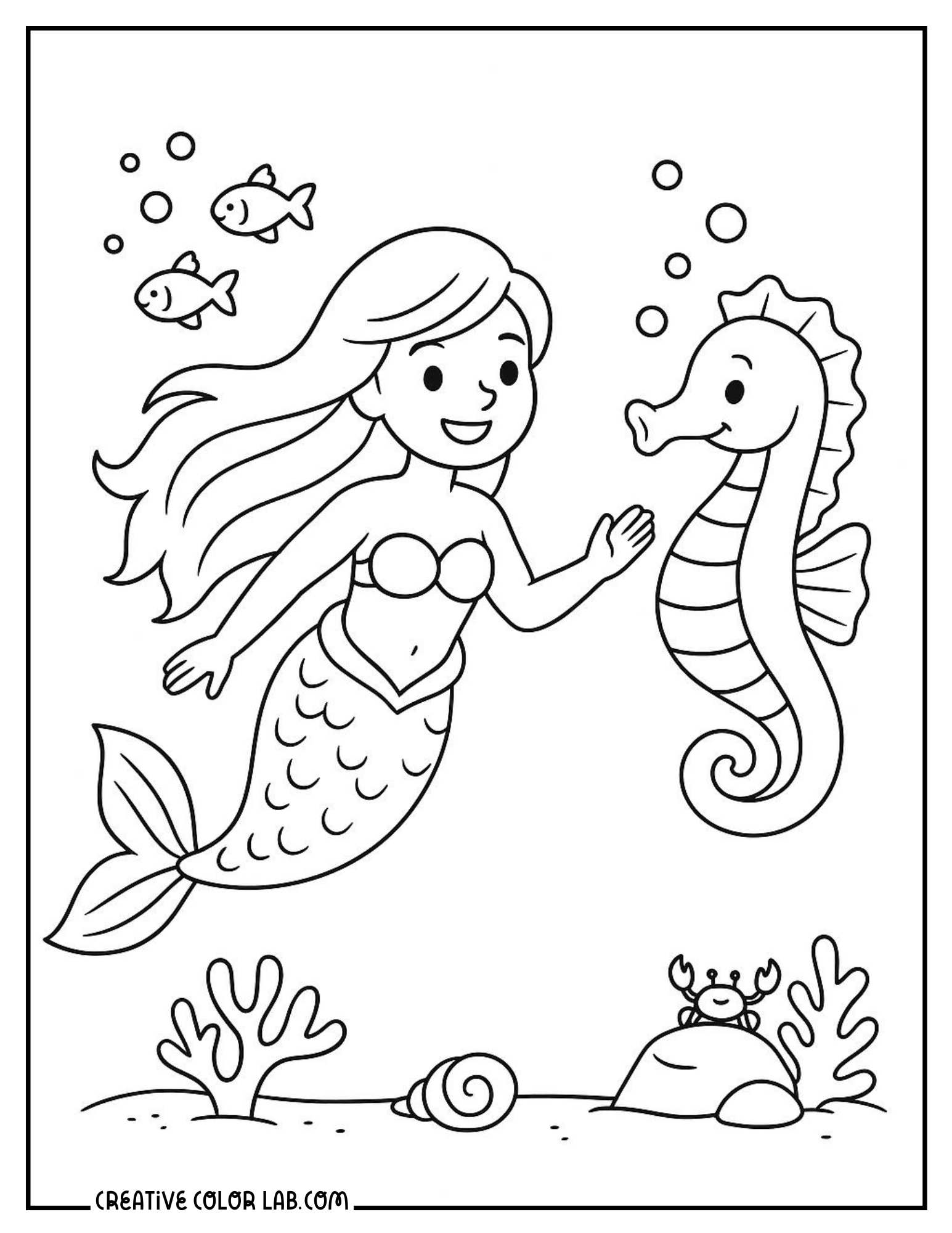 A cartoon mermaid greeting seahorse underwater image to color.