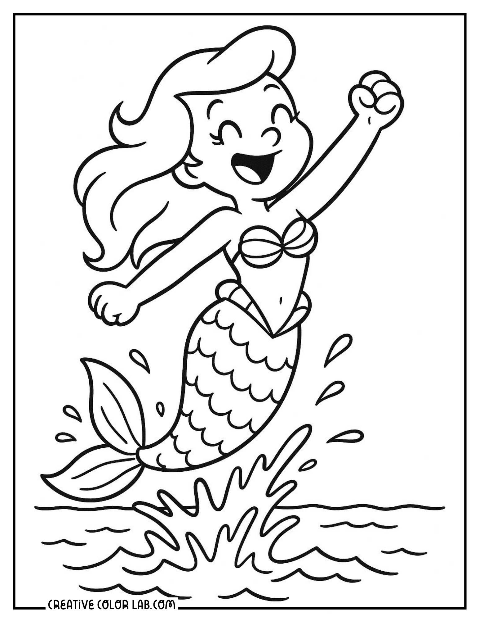 A cheerful cartoon mermaid jumping from sea picture to color.