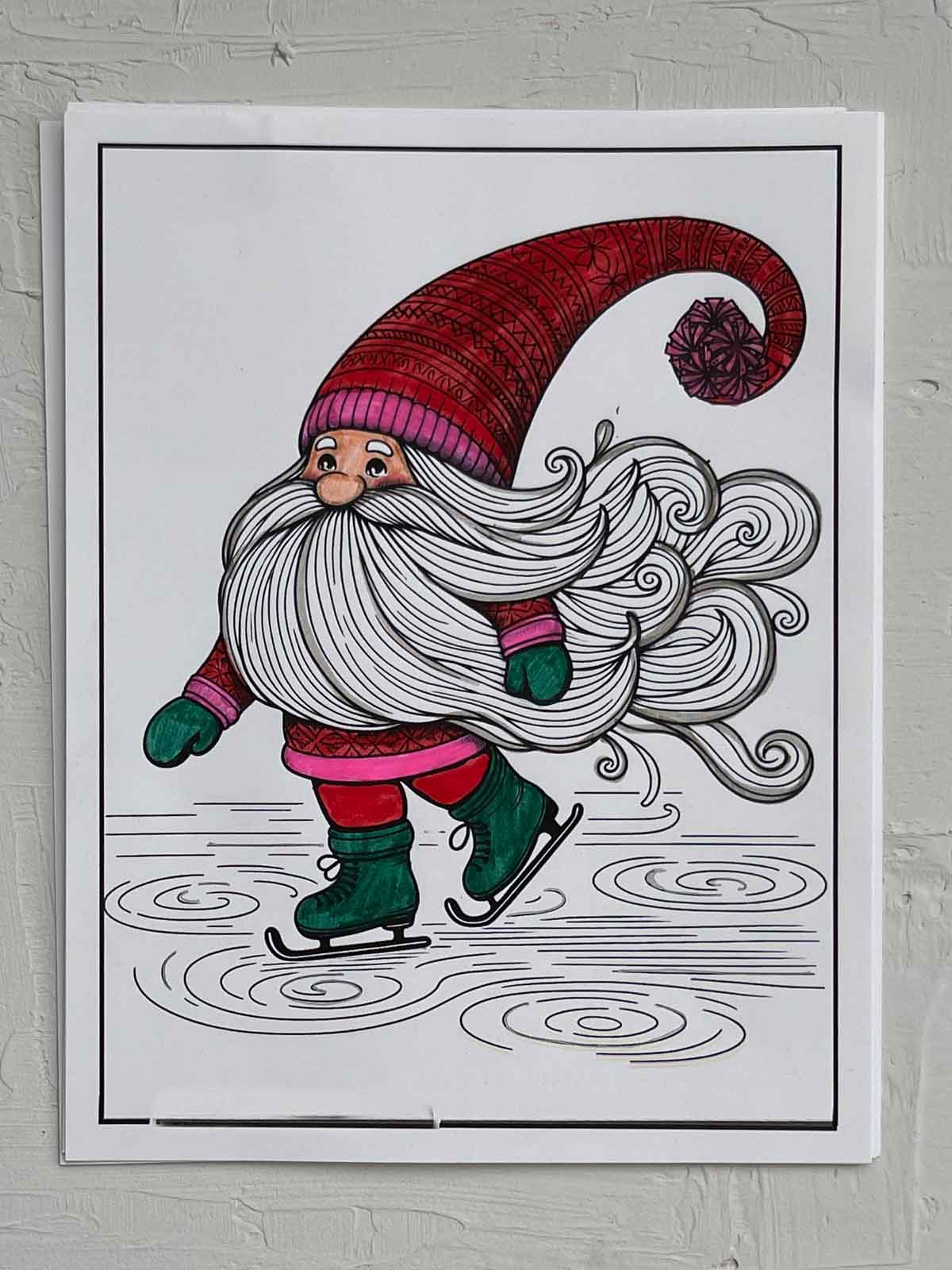 Ice skating gnome finished coloring page.
