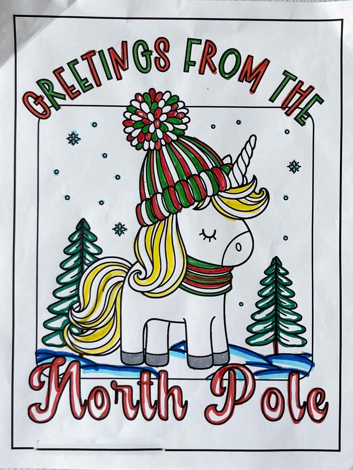 A winter coloring page colored in.