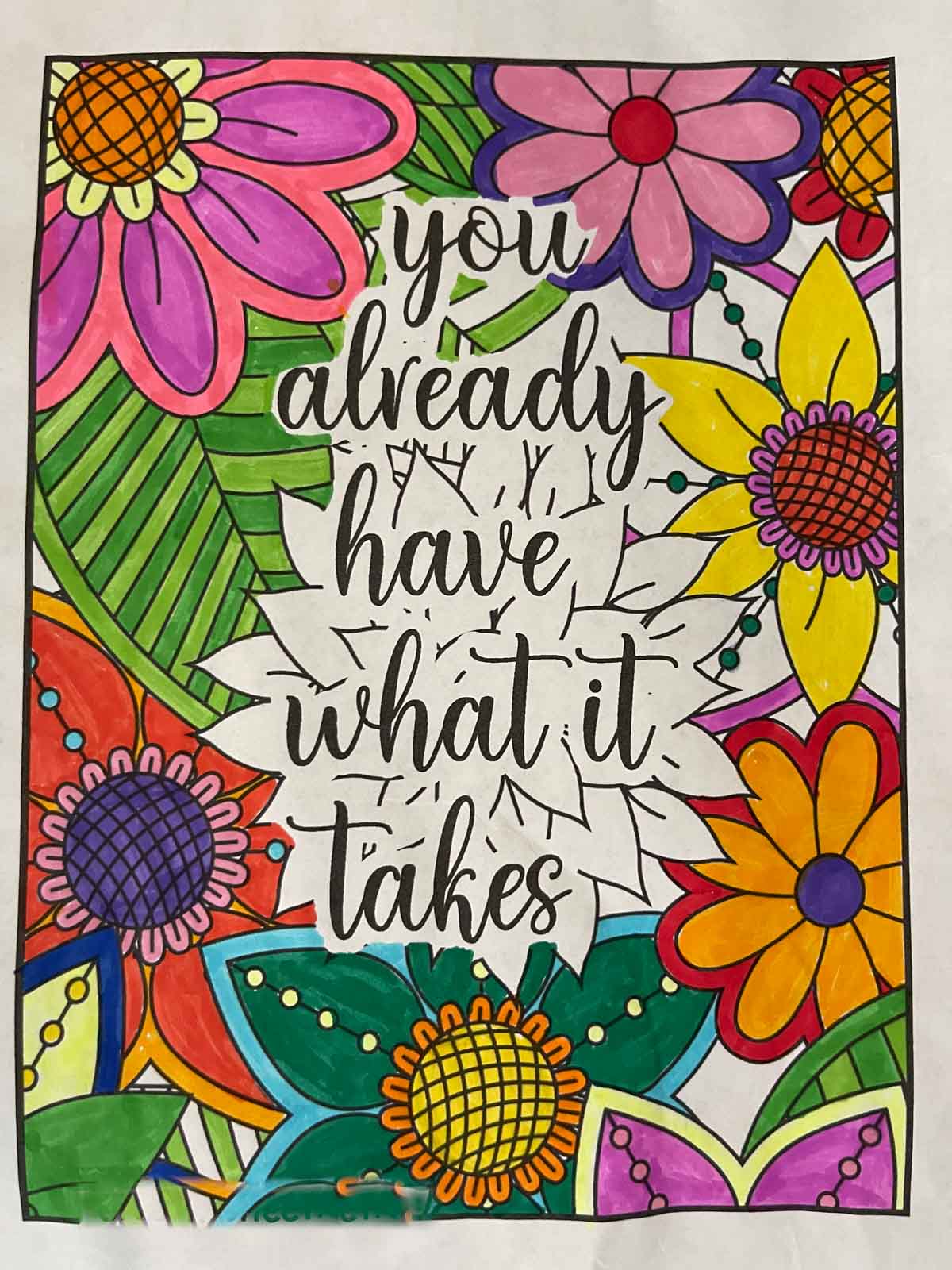 Quote coloring page colored in.