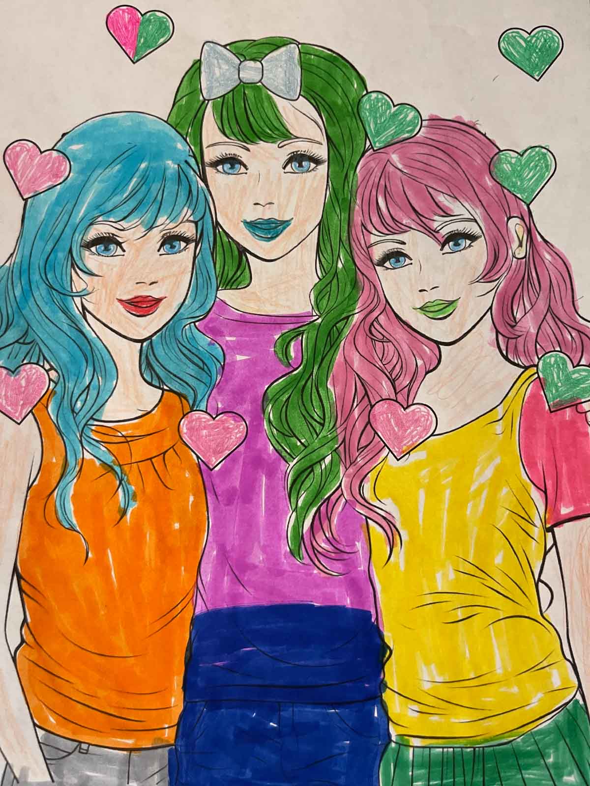 Completed three best friends coloring page.