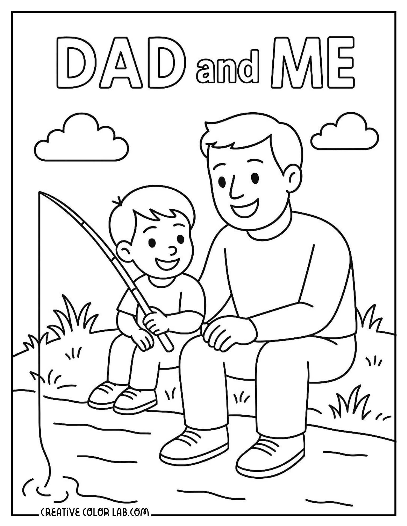 Dad and son sitting together fishing picture to color.