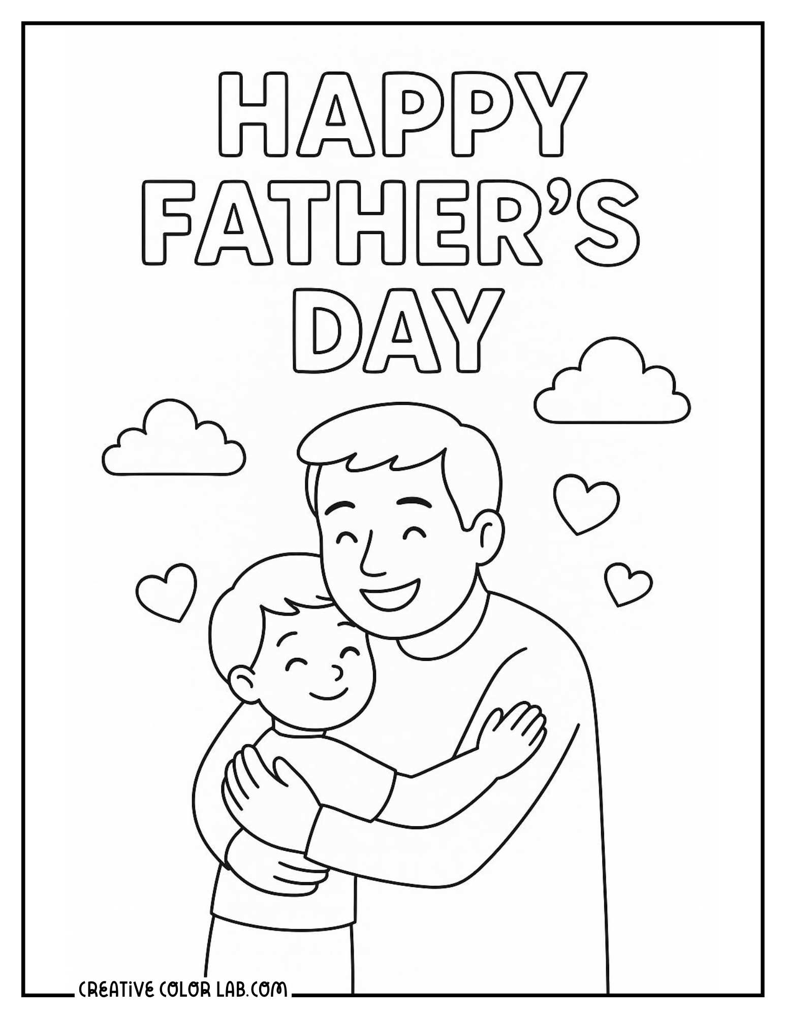 Father hugging son happy father's day coloring sheet.
