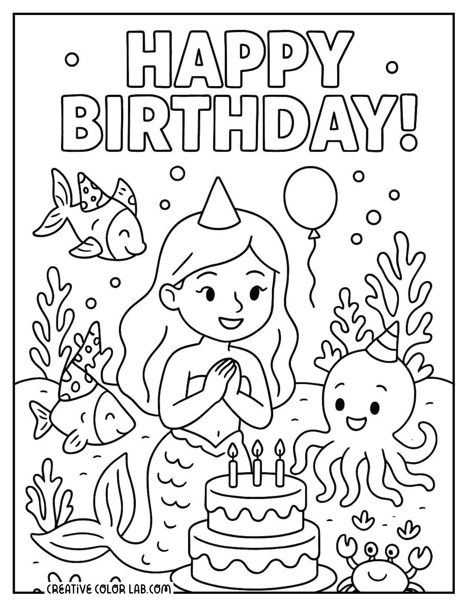 A kawaii mermaid celebrating a birthday part under the sea coloring sheet.