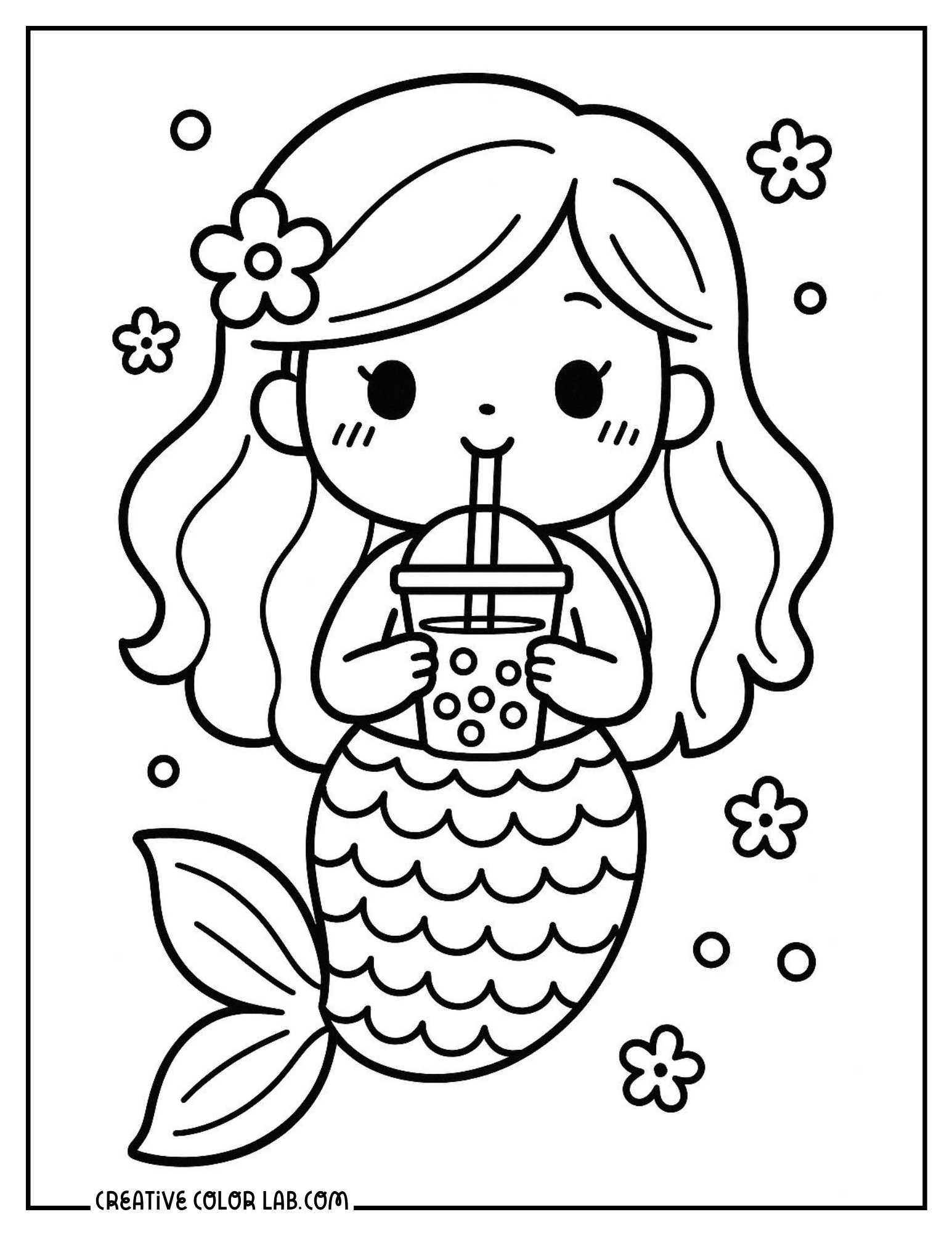 A kawaii mermaid drinking boba tea picture to color.
