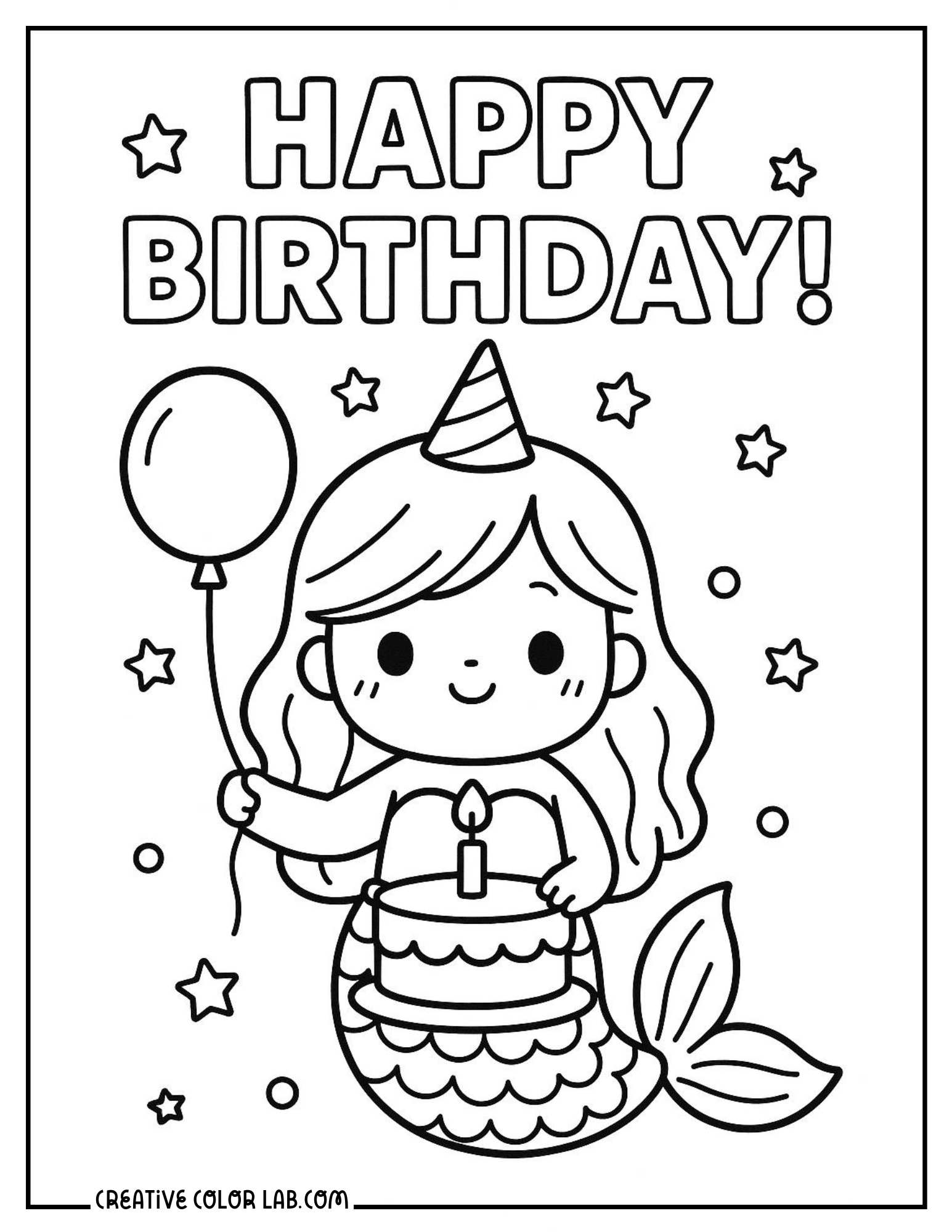 A kawaii mermaid holding a birthday cake coloring page.