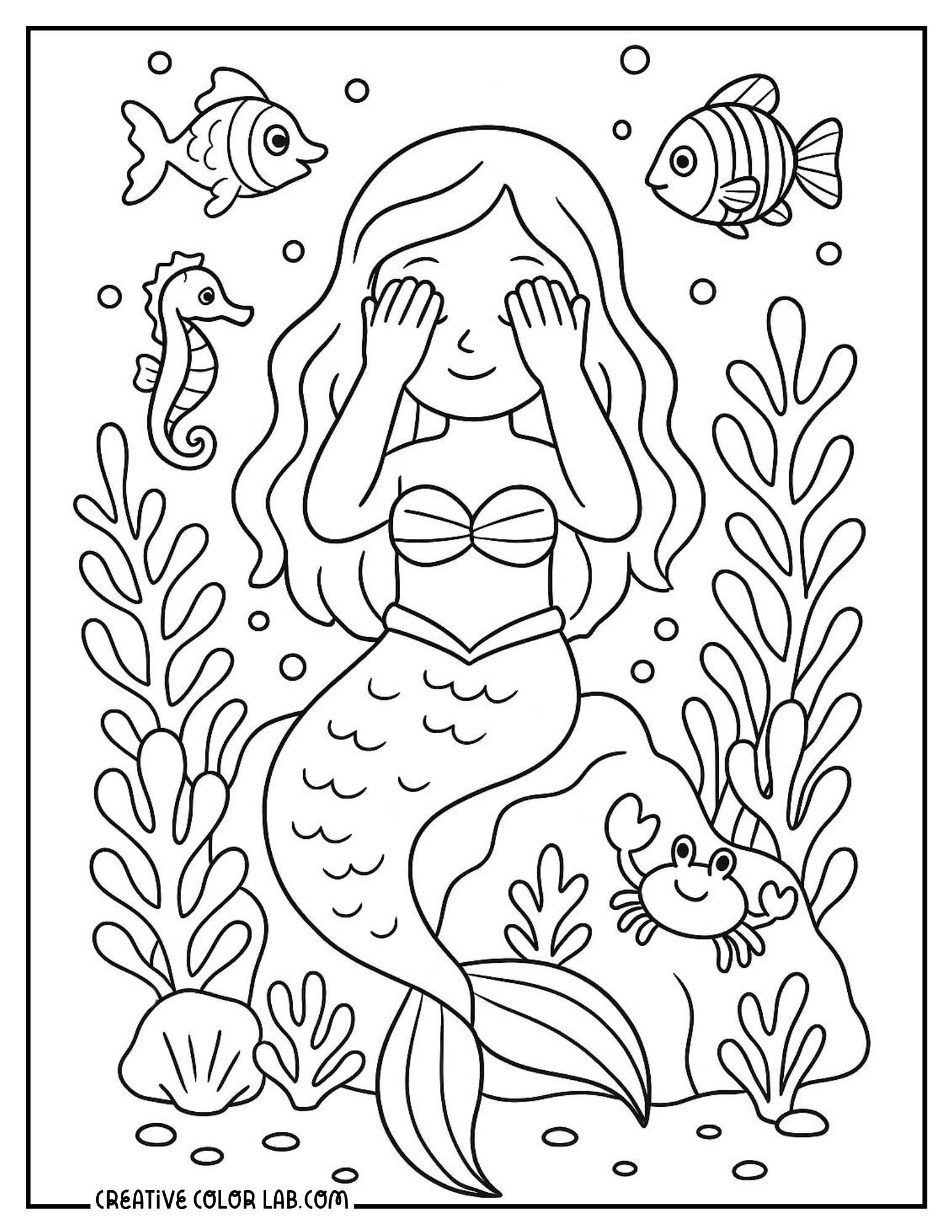 A kawaii mermaid playing hide and seek coloring sheet.