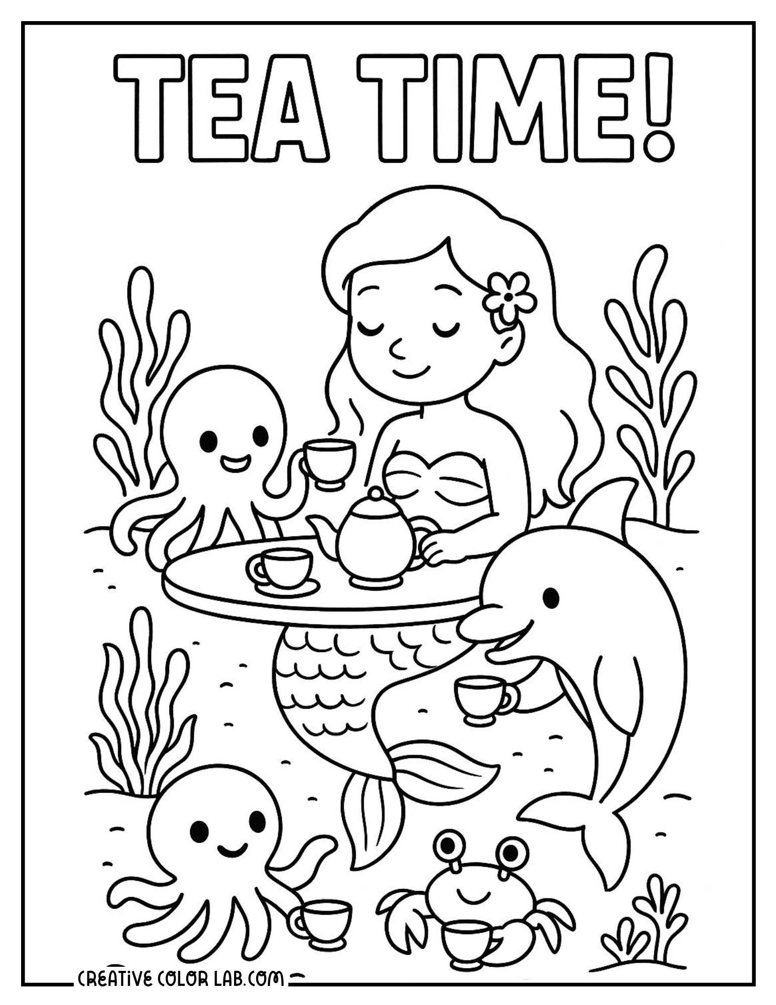 A kawaii mermaid party with sea animals octopus, dolphin and crab coloring page.