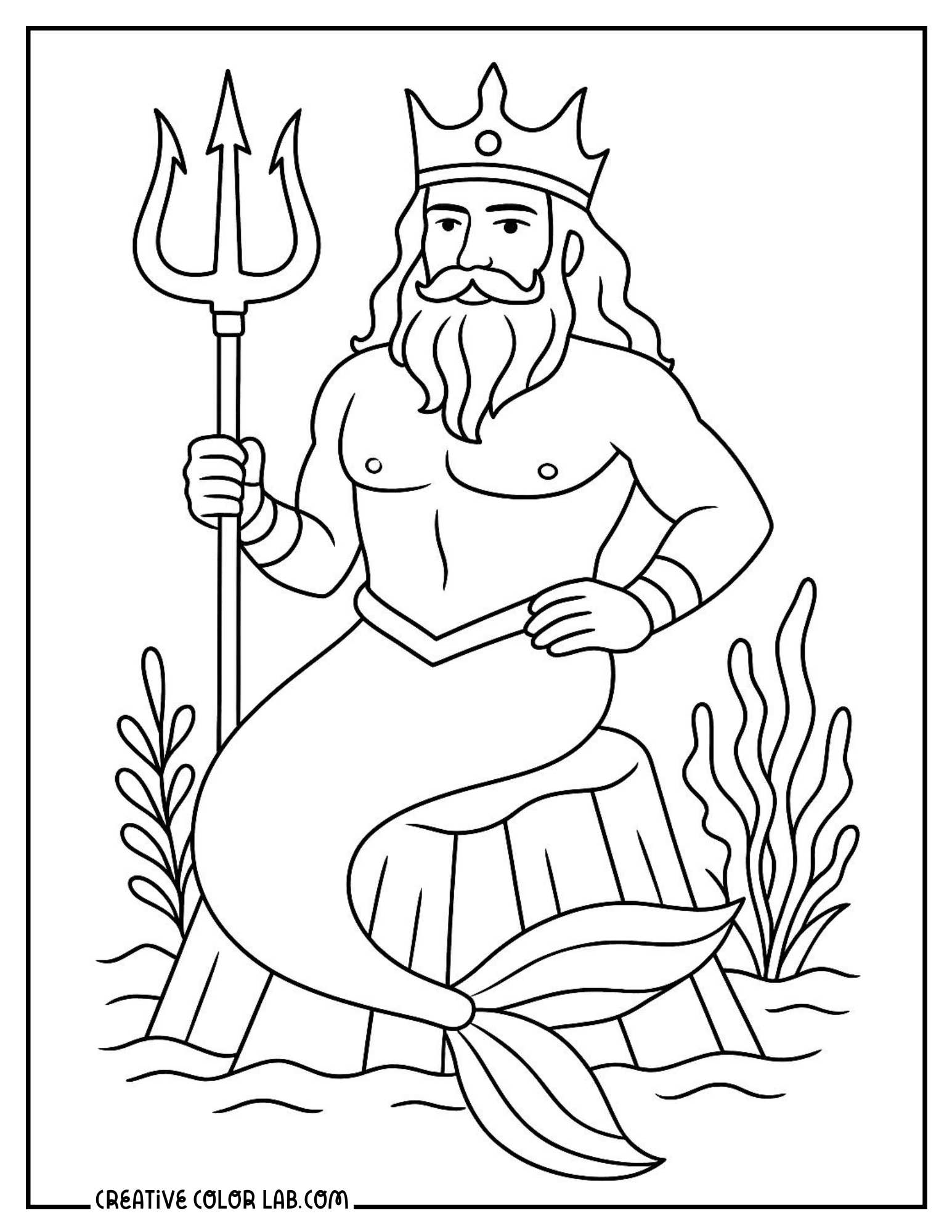 King titan merman holding a trident coloring page.