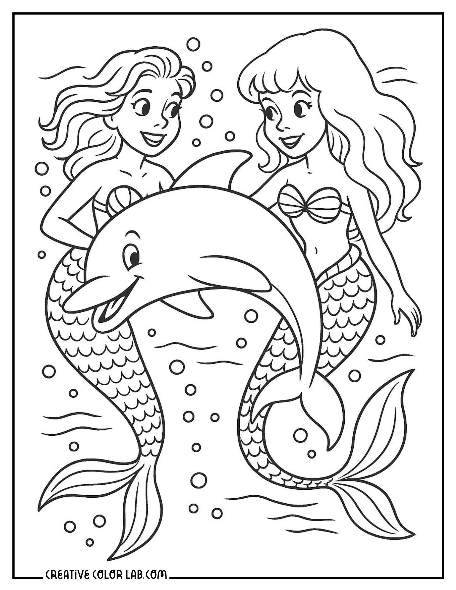 Two mermaid friends swimming with a dolphin picture to color in.