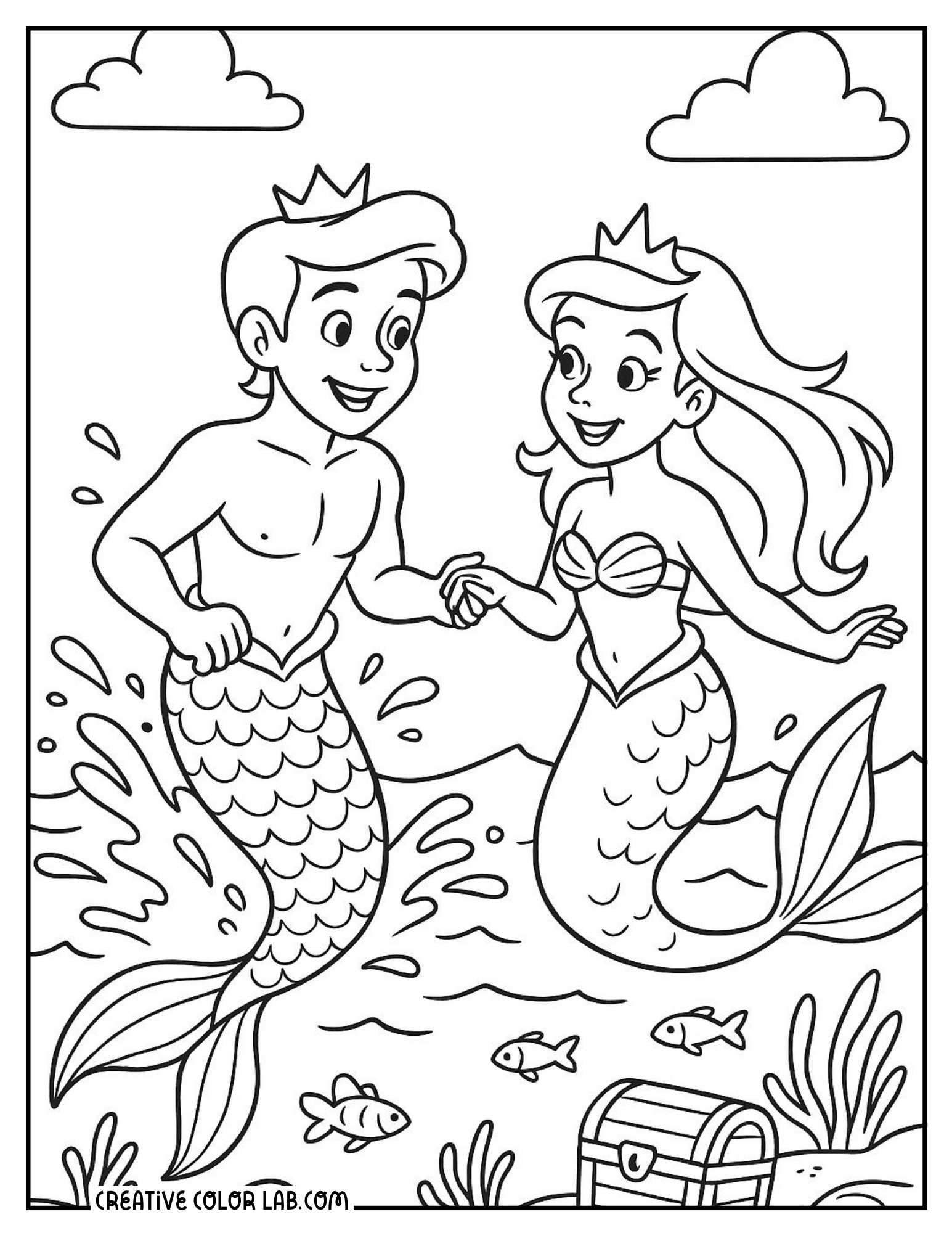 A mermaid prince and princess coloring sheet.