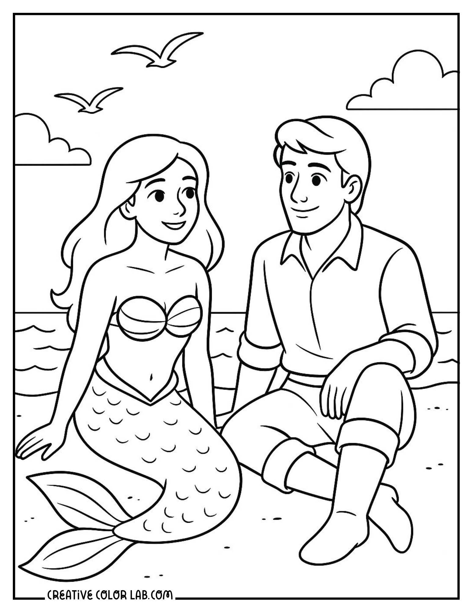 A mermaid sitting with a human on shore image to color.