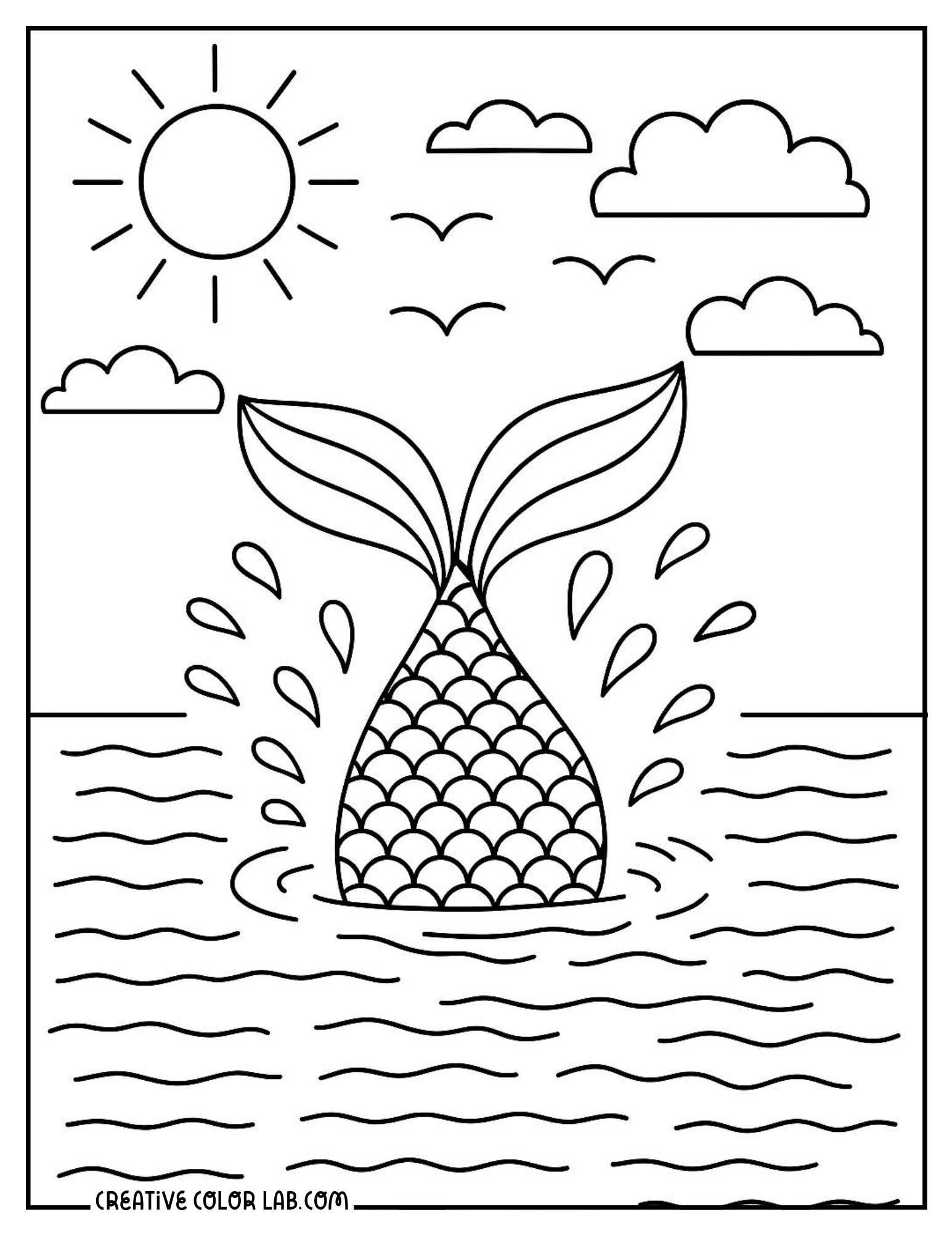 A mermaid tail diving into sea picture to color.