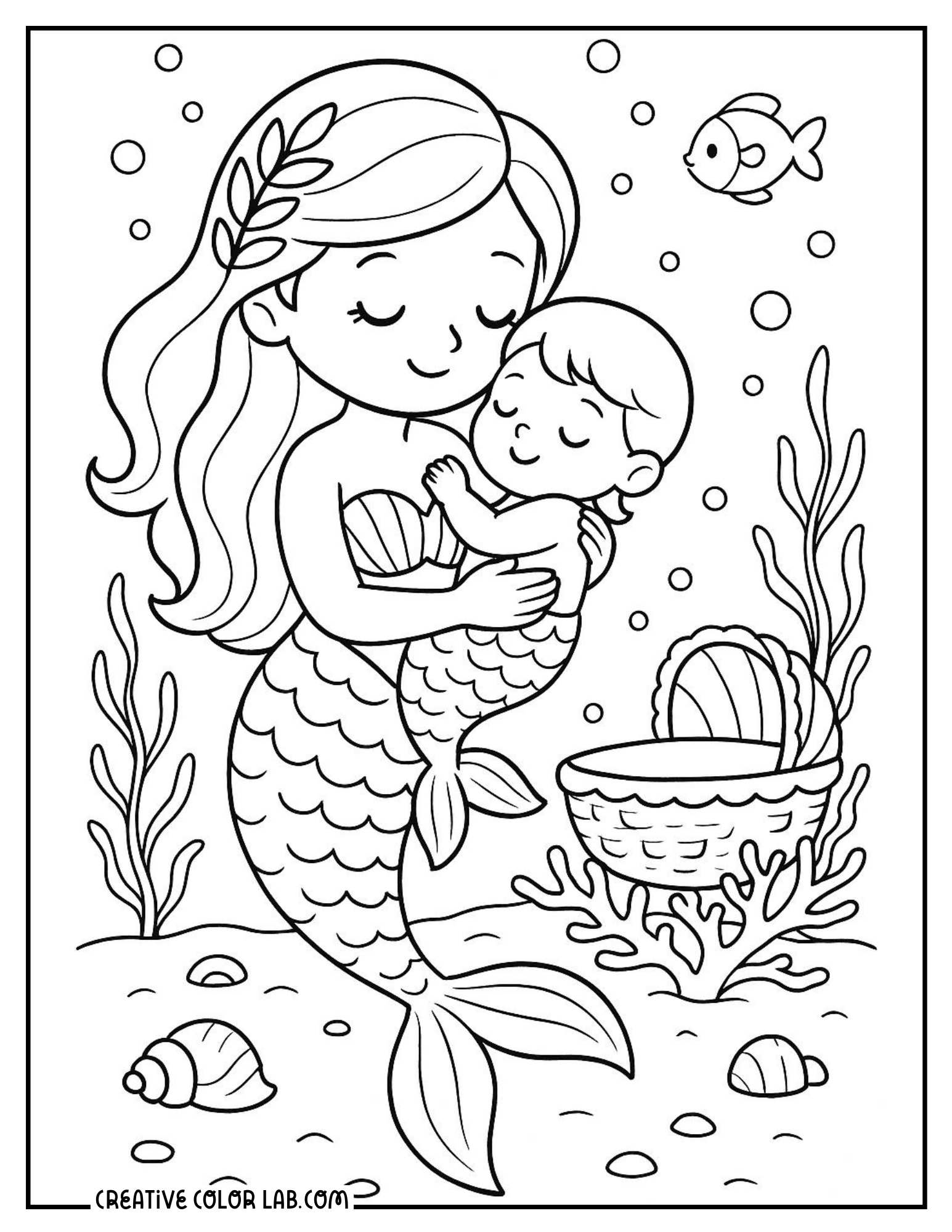 A mother mermaid cuddling a baby line art to color.