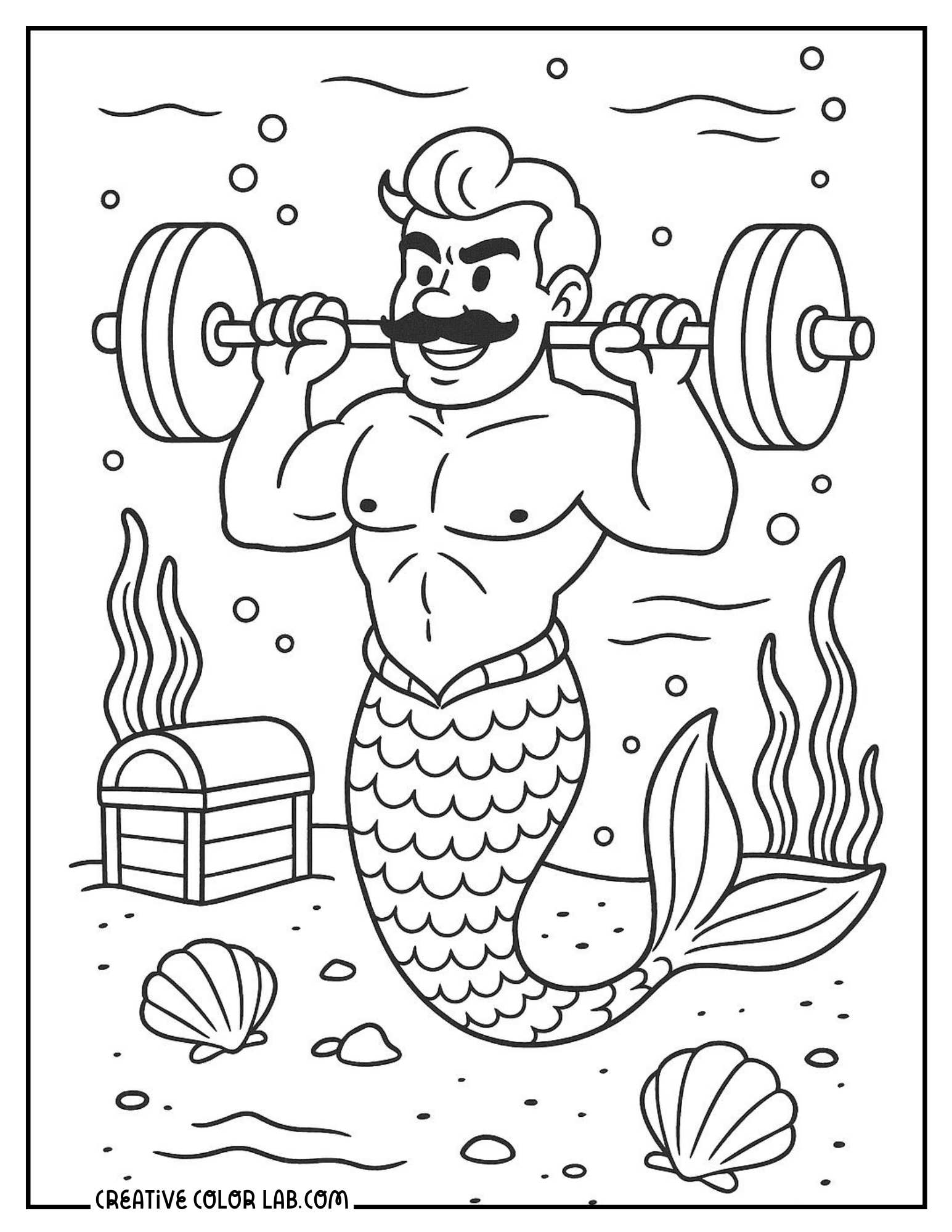 A mustached merman lifting weights picture to color.