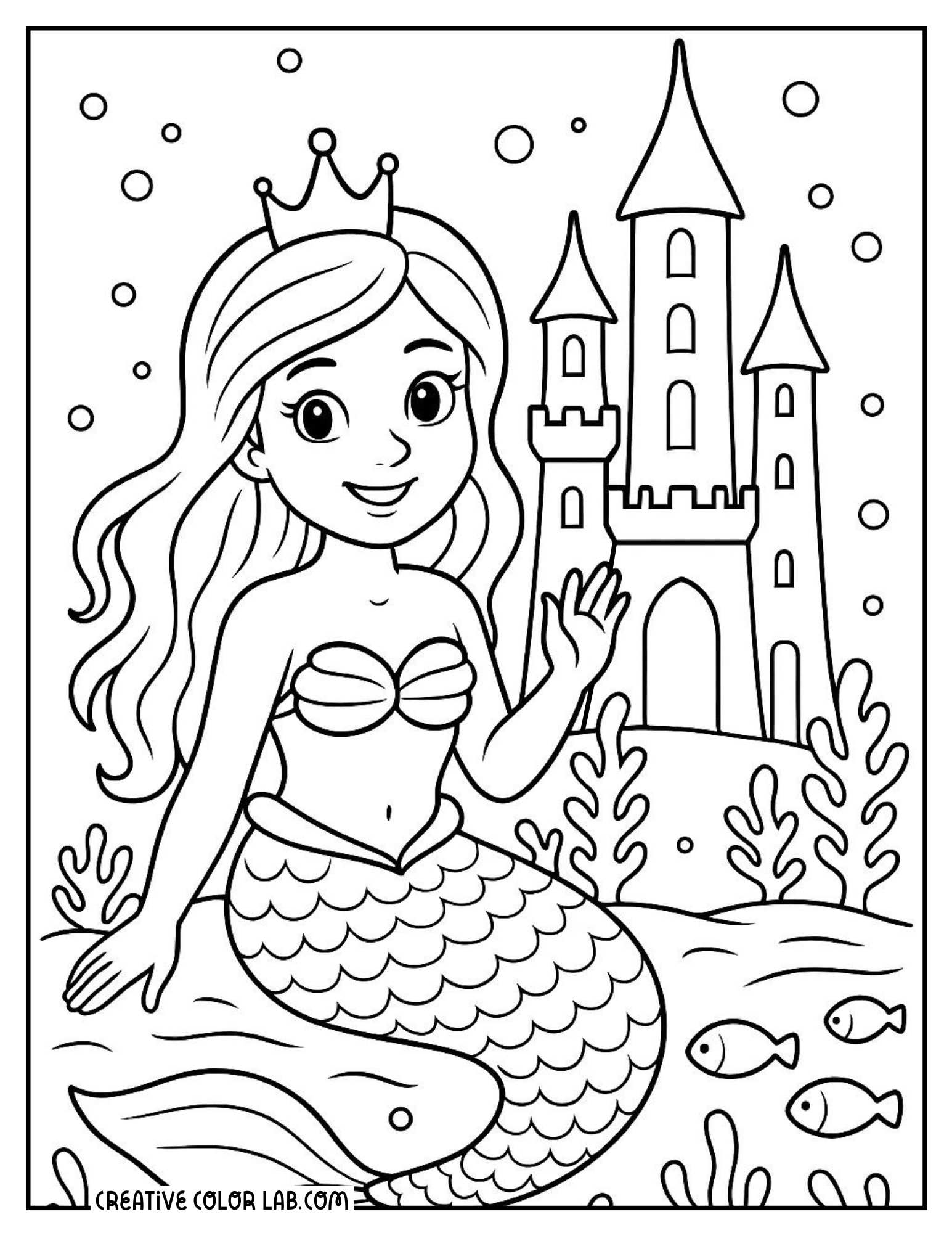 A mermaid princess in front of a underwater castle coloring sheet.
