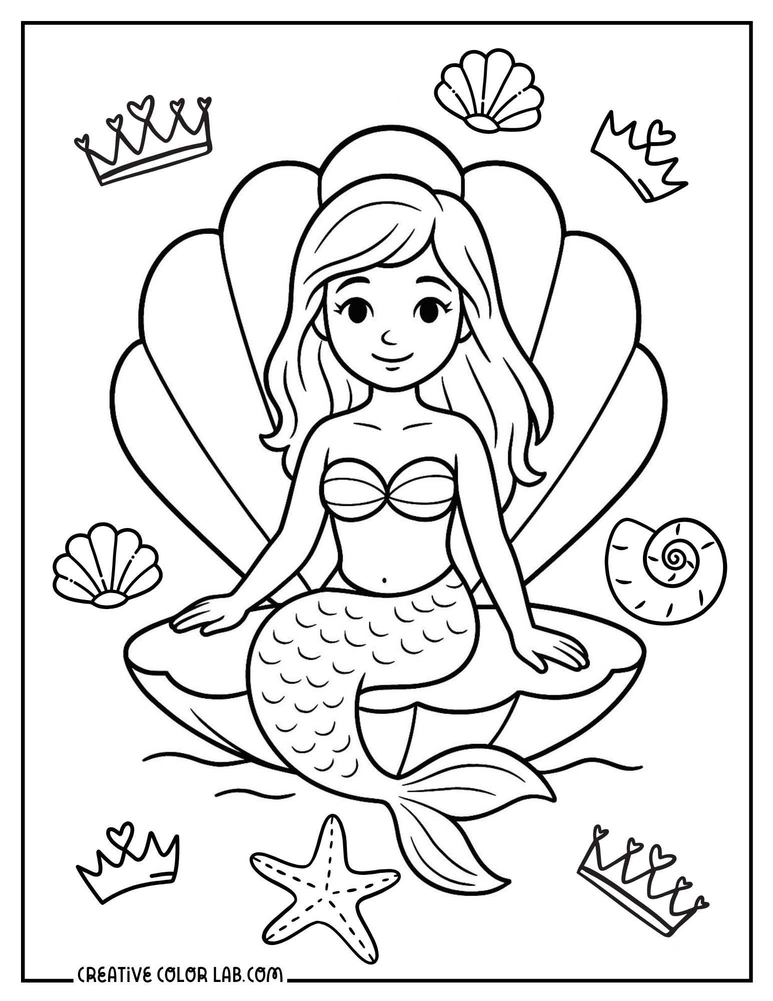 A princess mermaid sitting in a clamshell coloring page.