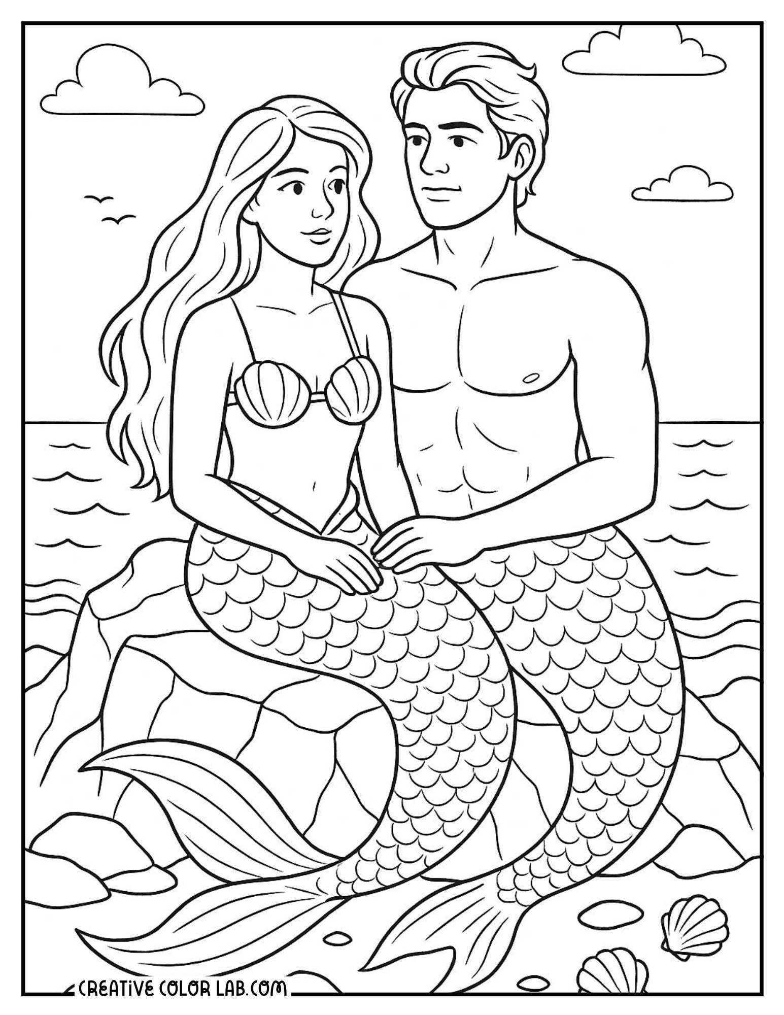 A mermaid couple seating on a rock coloring sheet for adults.