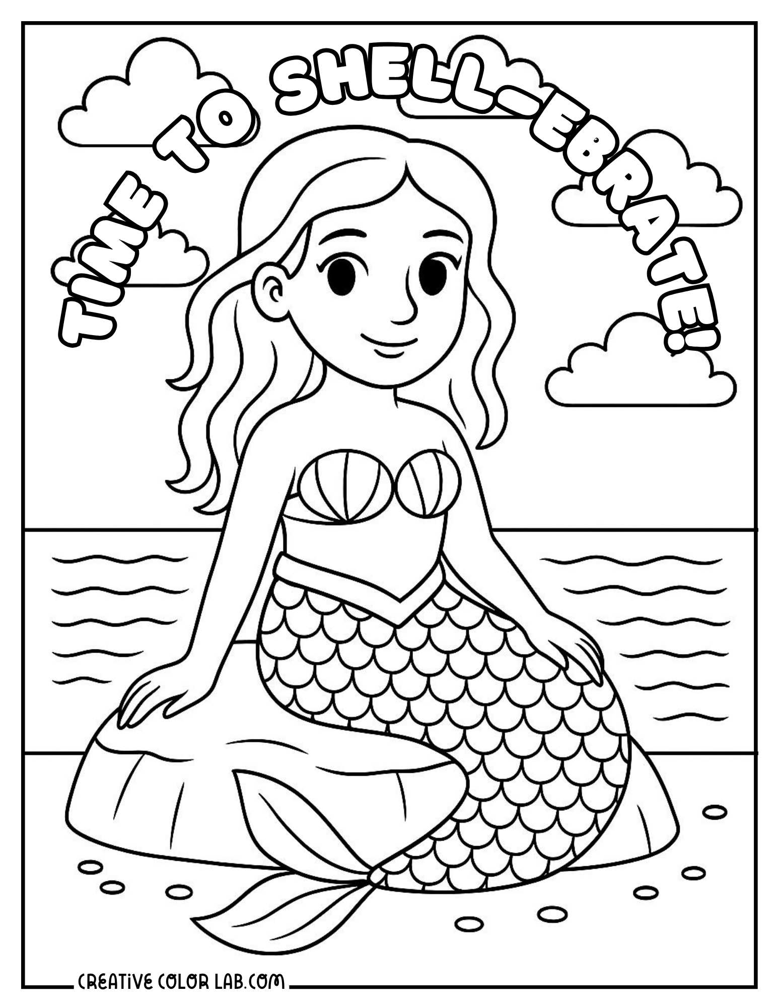 A mermaid seating on a rock with a mermaid pun image to color.
