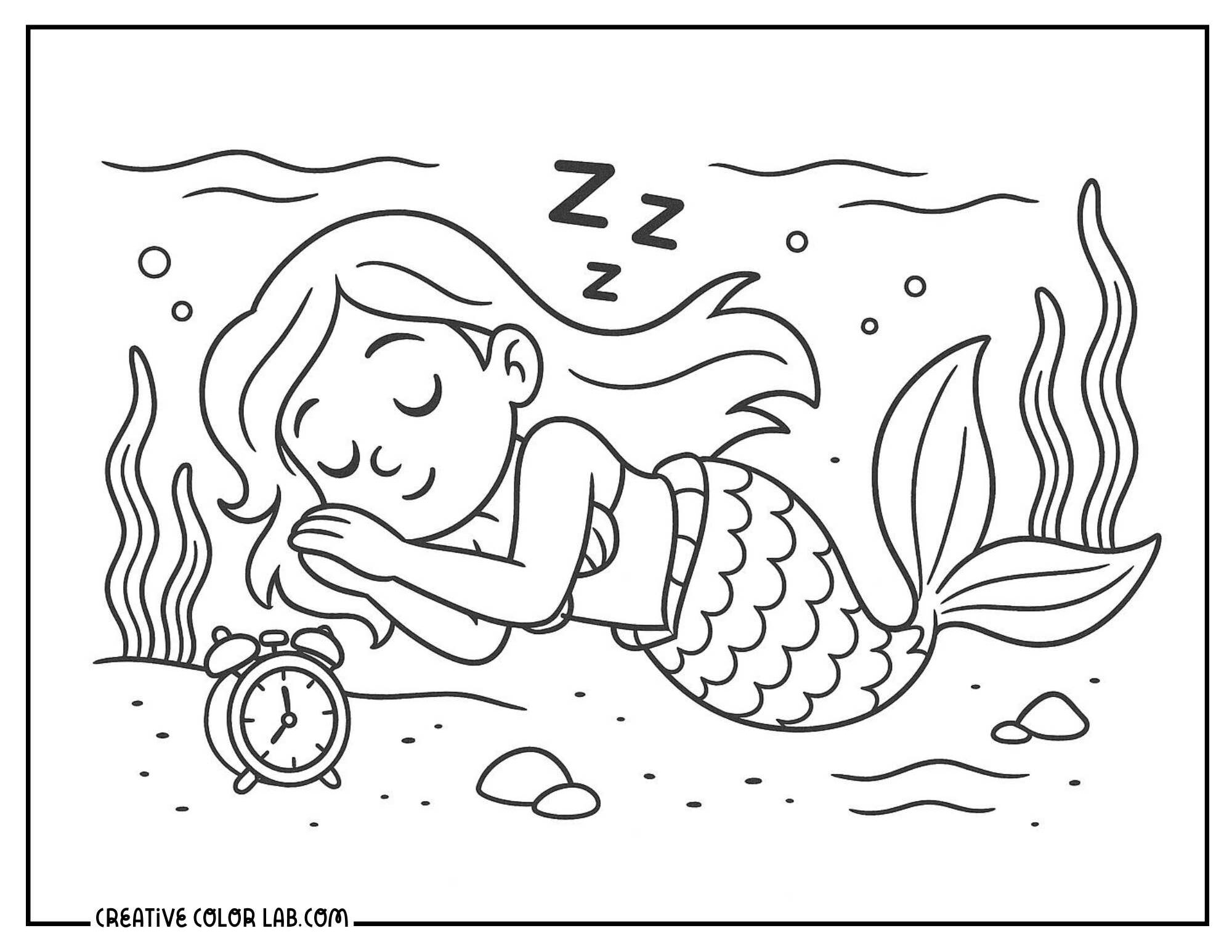 A sleeping mermaid with an alarm clock coloring page.