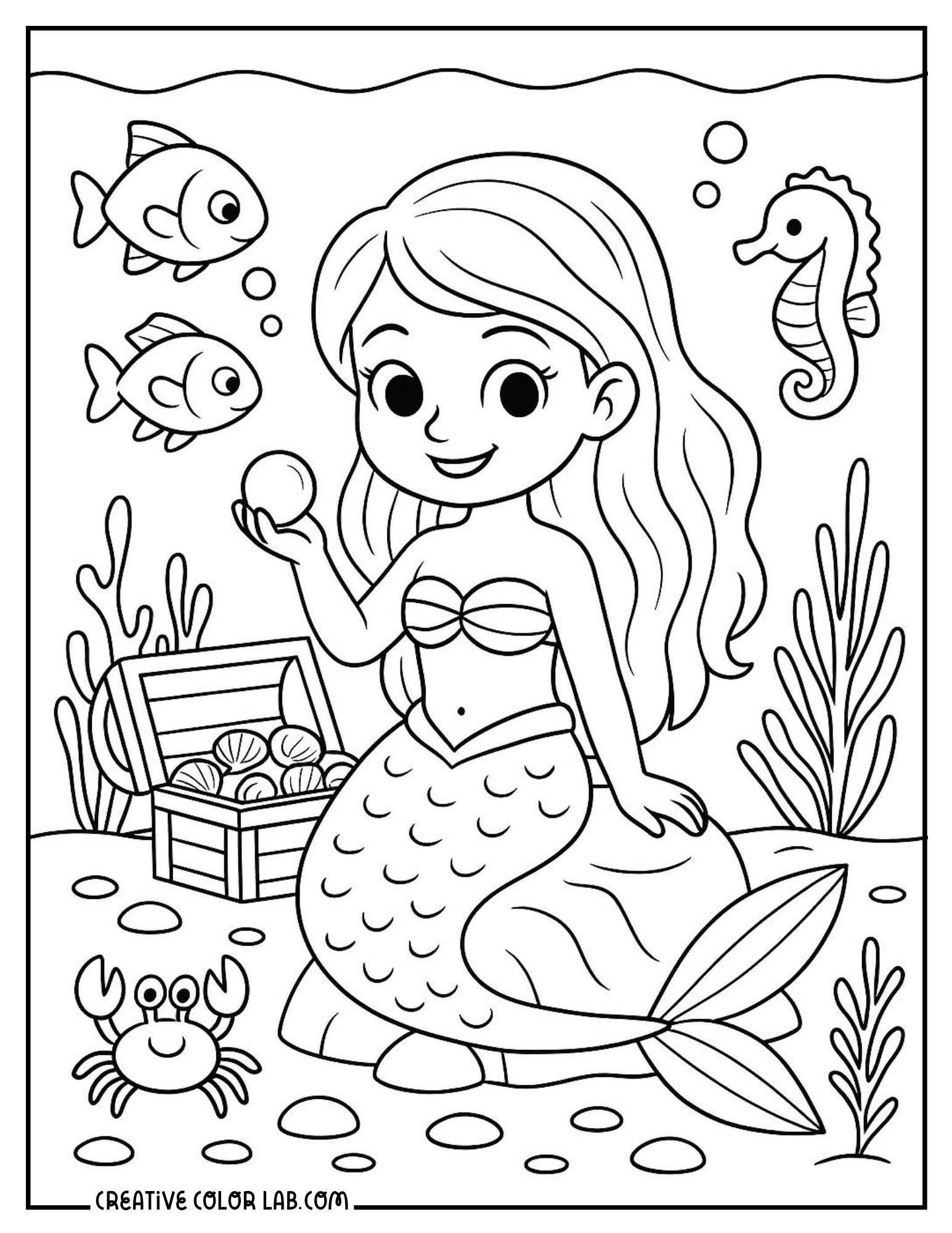 A smiling mermaid holding a pearl from a treasure chest line art to color.