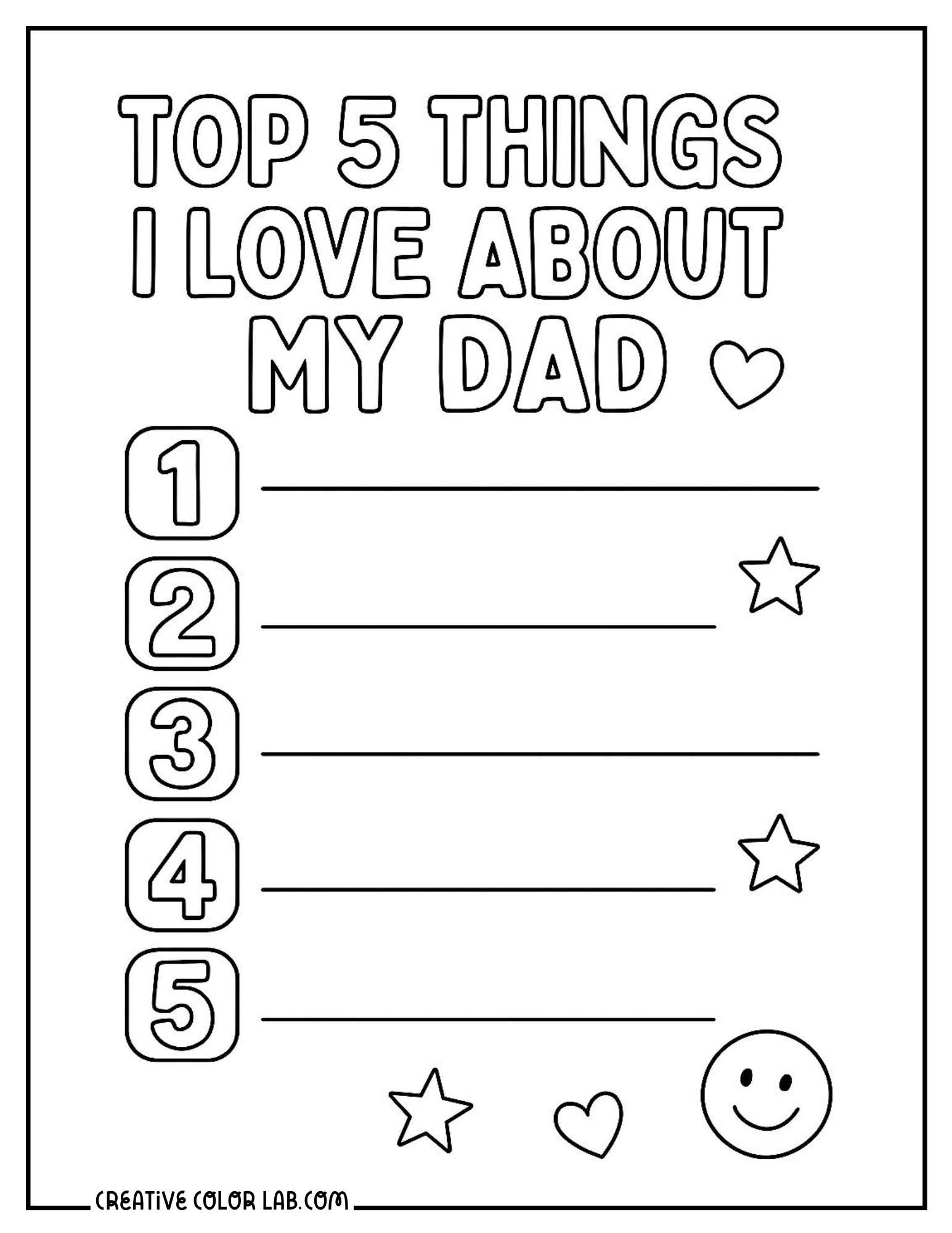Top 5 things I love about my dad coloring page.