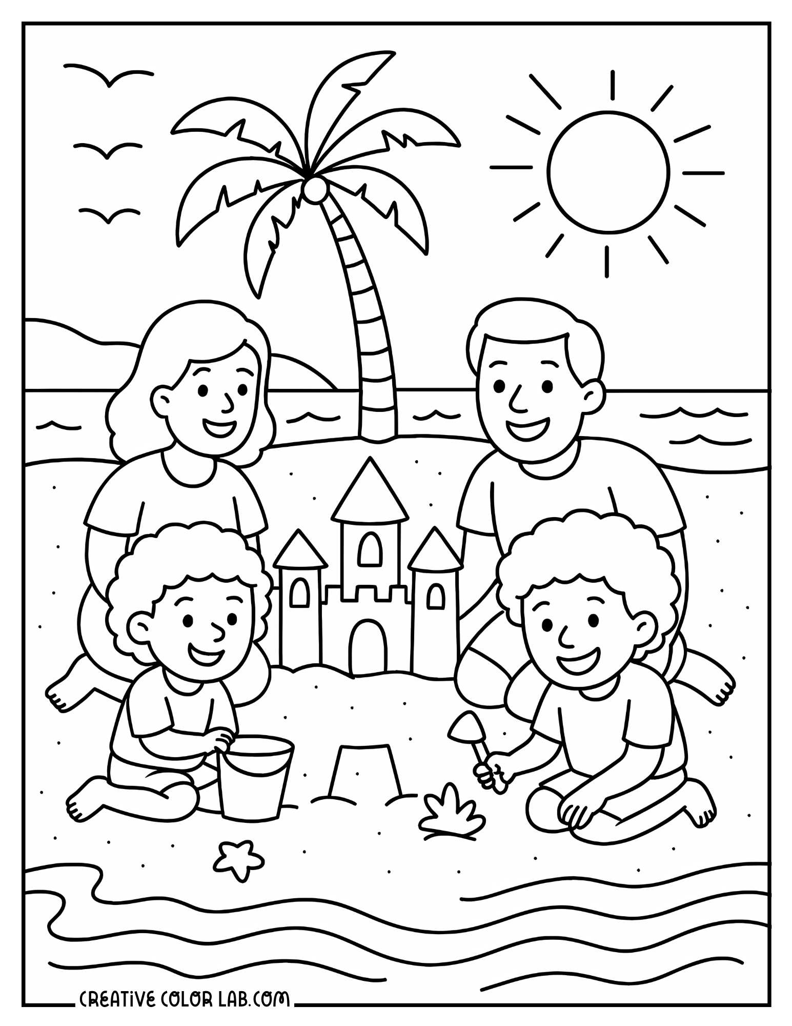 A family of four building sandcastles together coloring page.
