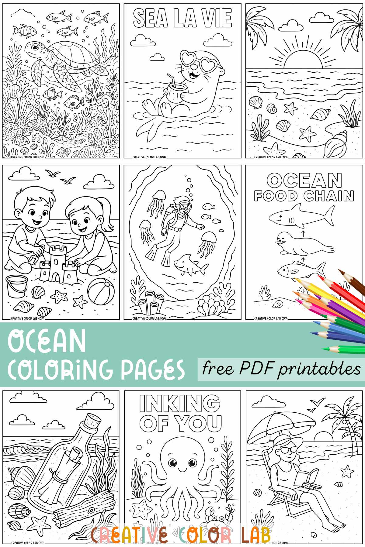 Grid image of ocean coloring pages.