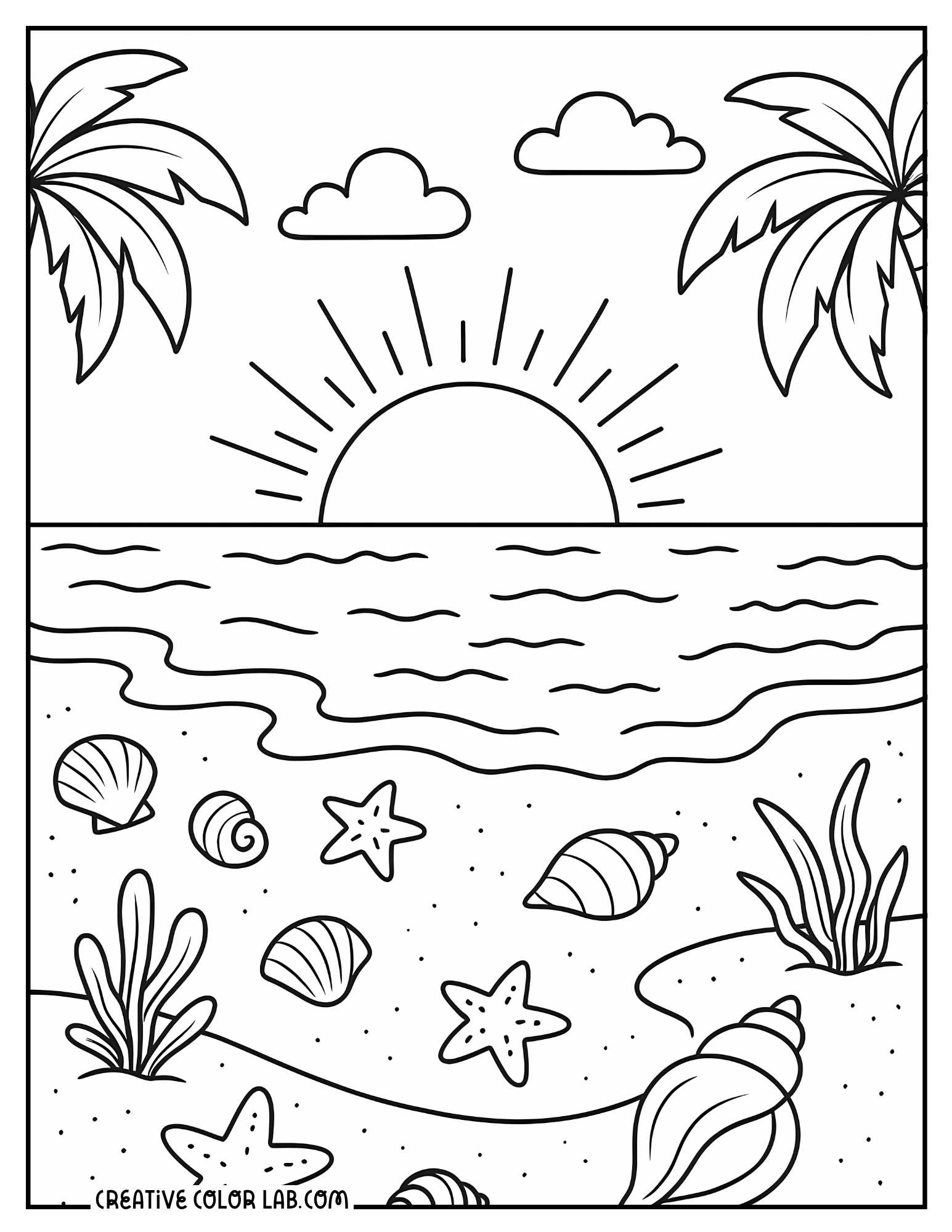 A simple sunset on the beach coloring page.