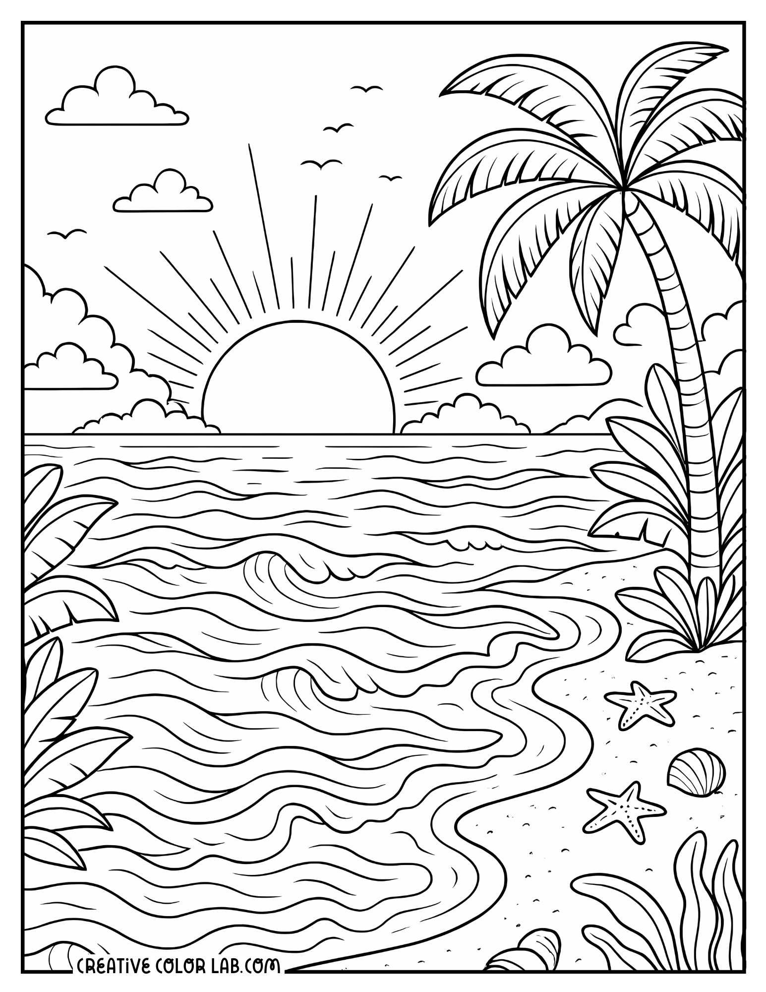 A sunset on the beach detailed coloring page for adults.