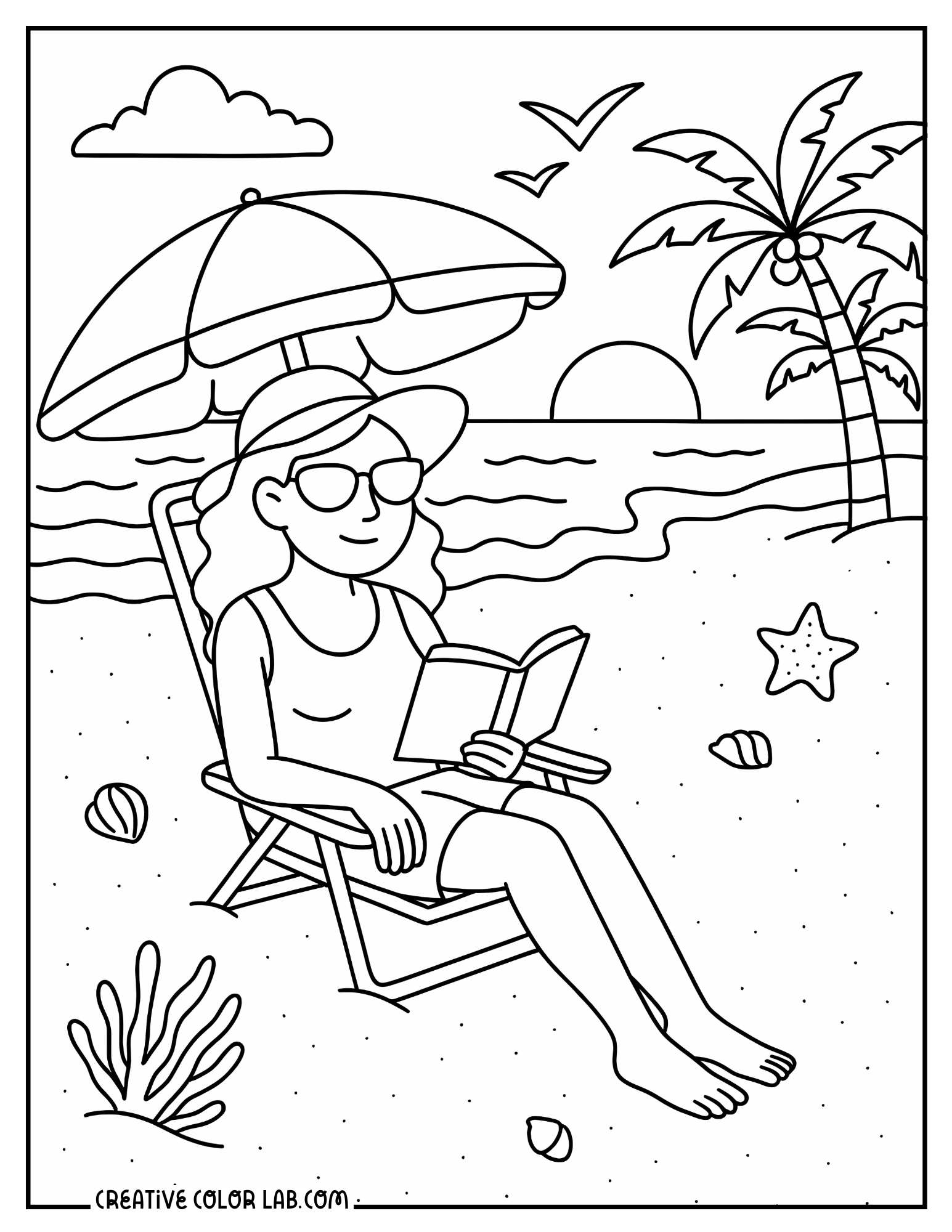 A woman reading at the beach while sunbathing coloring page.