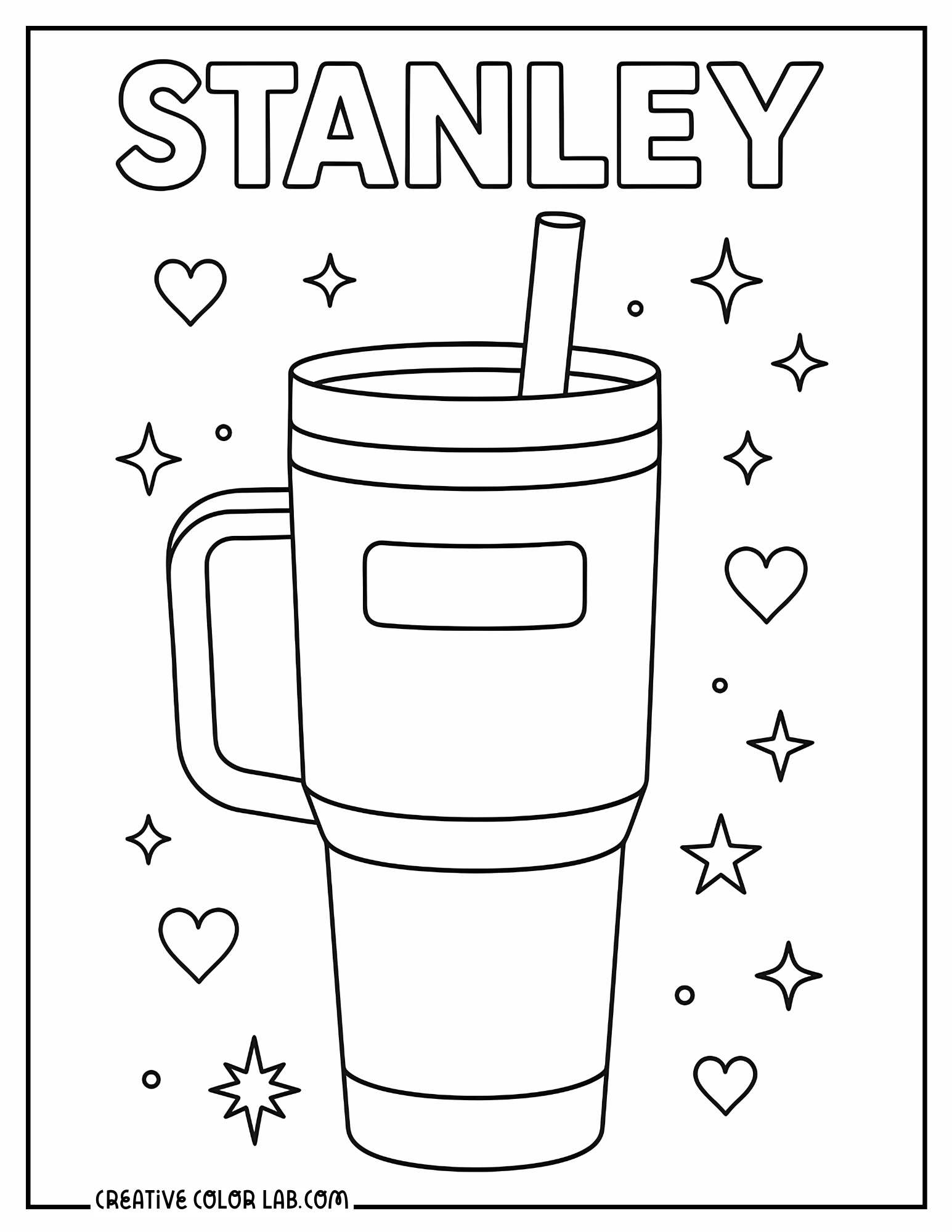 A cartoon style Stanley tumbler coloring page.