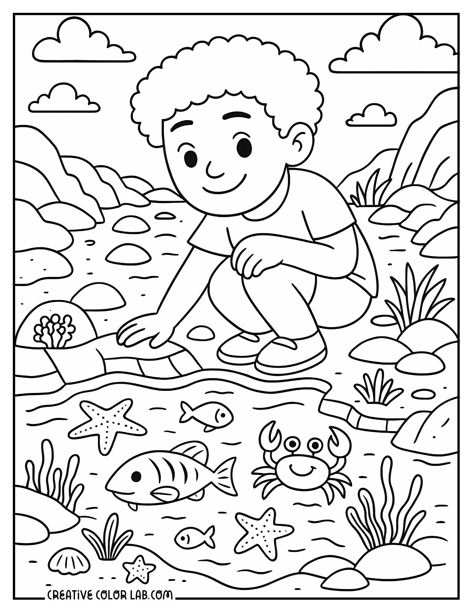 A boy exploring the tide pool coloring sheet.