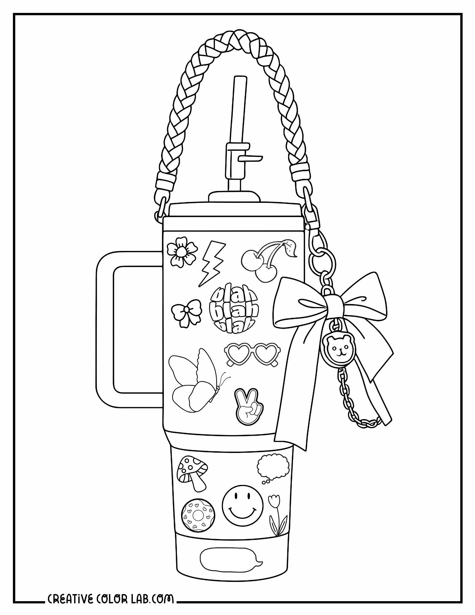 A braided strap Stanley with stickers kawaii coloring sheet.