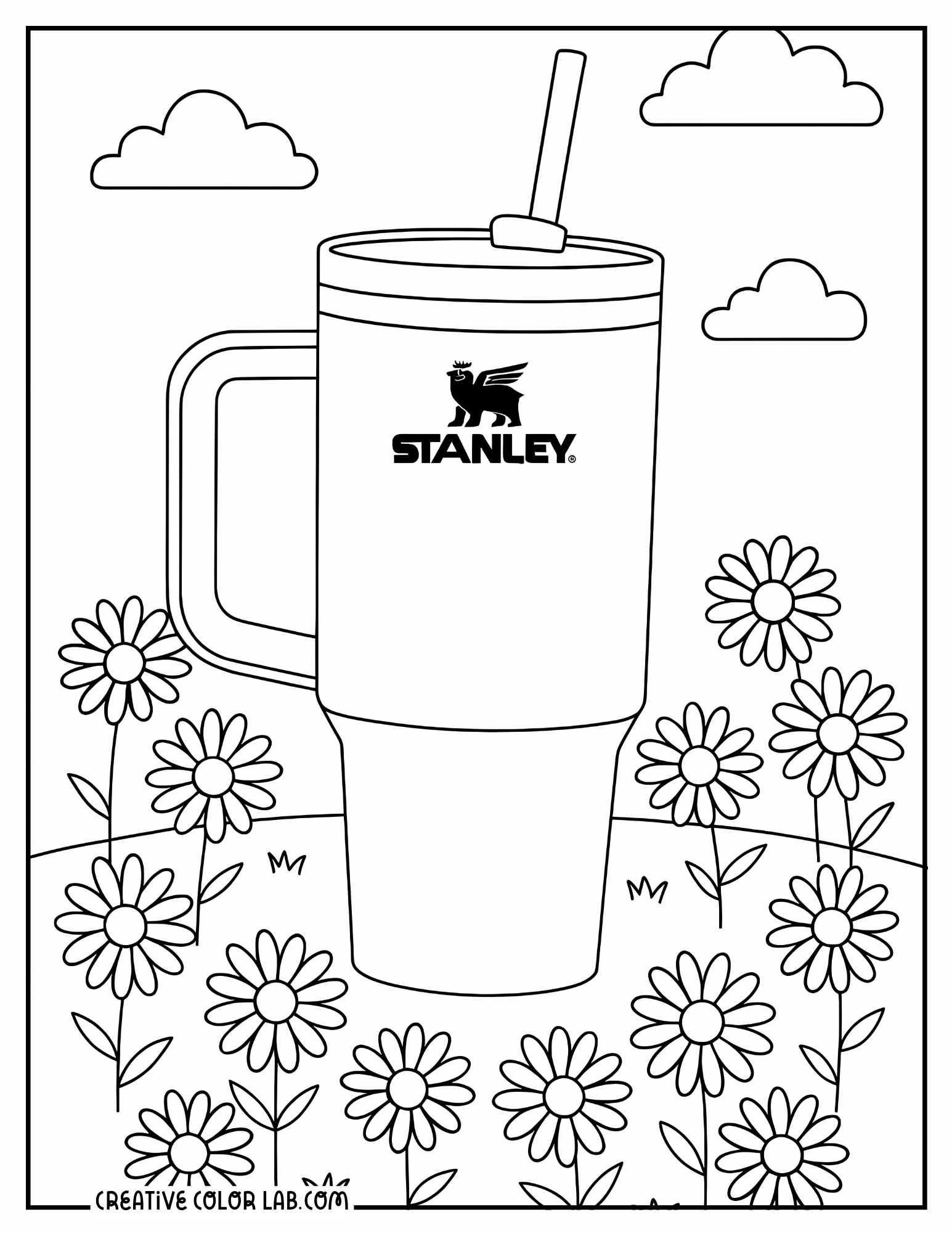 A Stanley tumbler on a daisy field line art to color in.