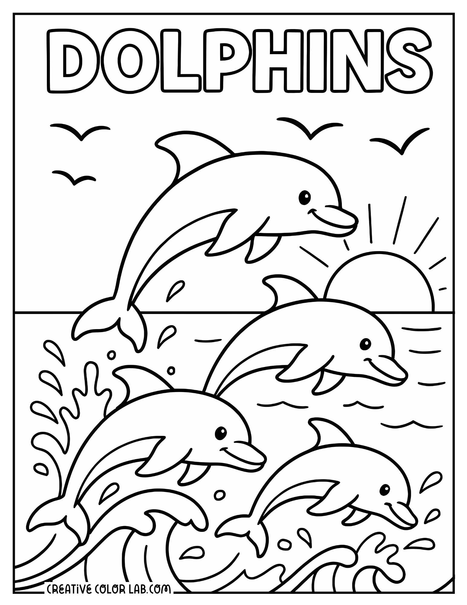 A bunch of dolphins jumping on sunset ocean coloring sheet.