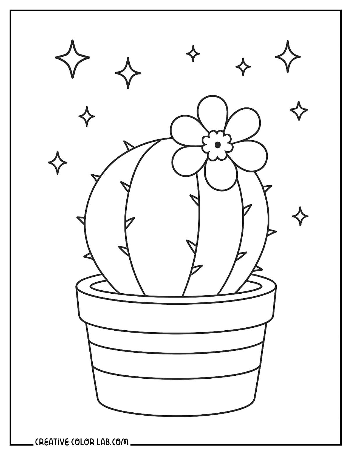 A flowering cactus in a pot cartoon coloring sheet.