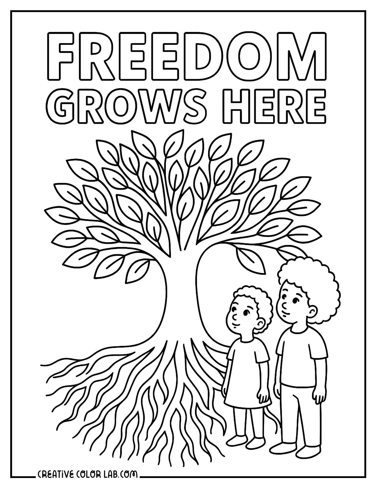 Freedom grows here tree with two diverse children coloring sheet.