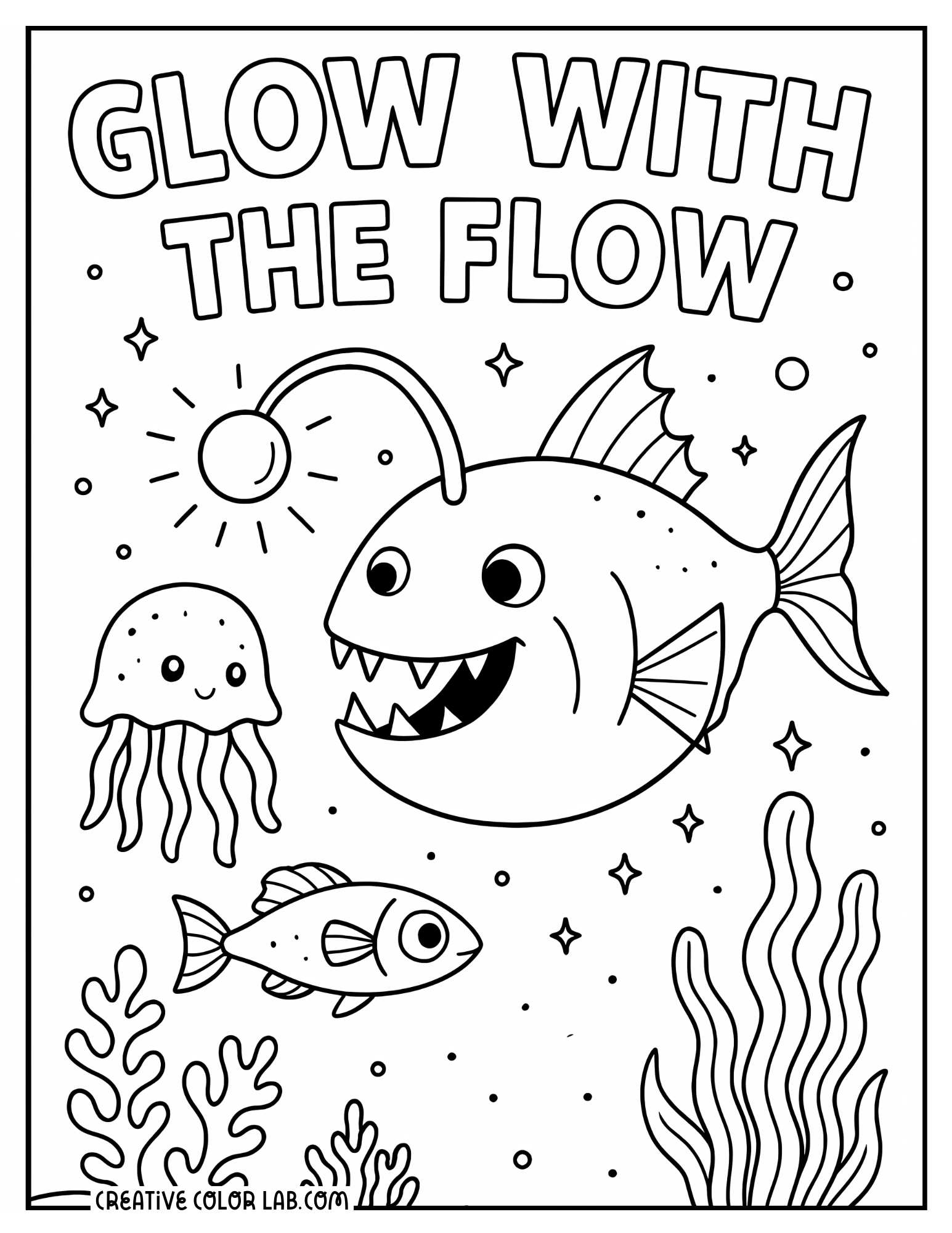 A glowing anglerfish in deep sea image to color.