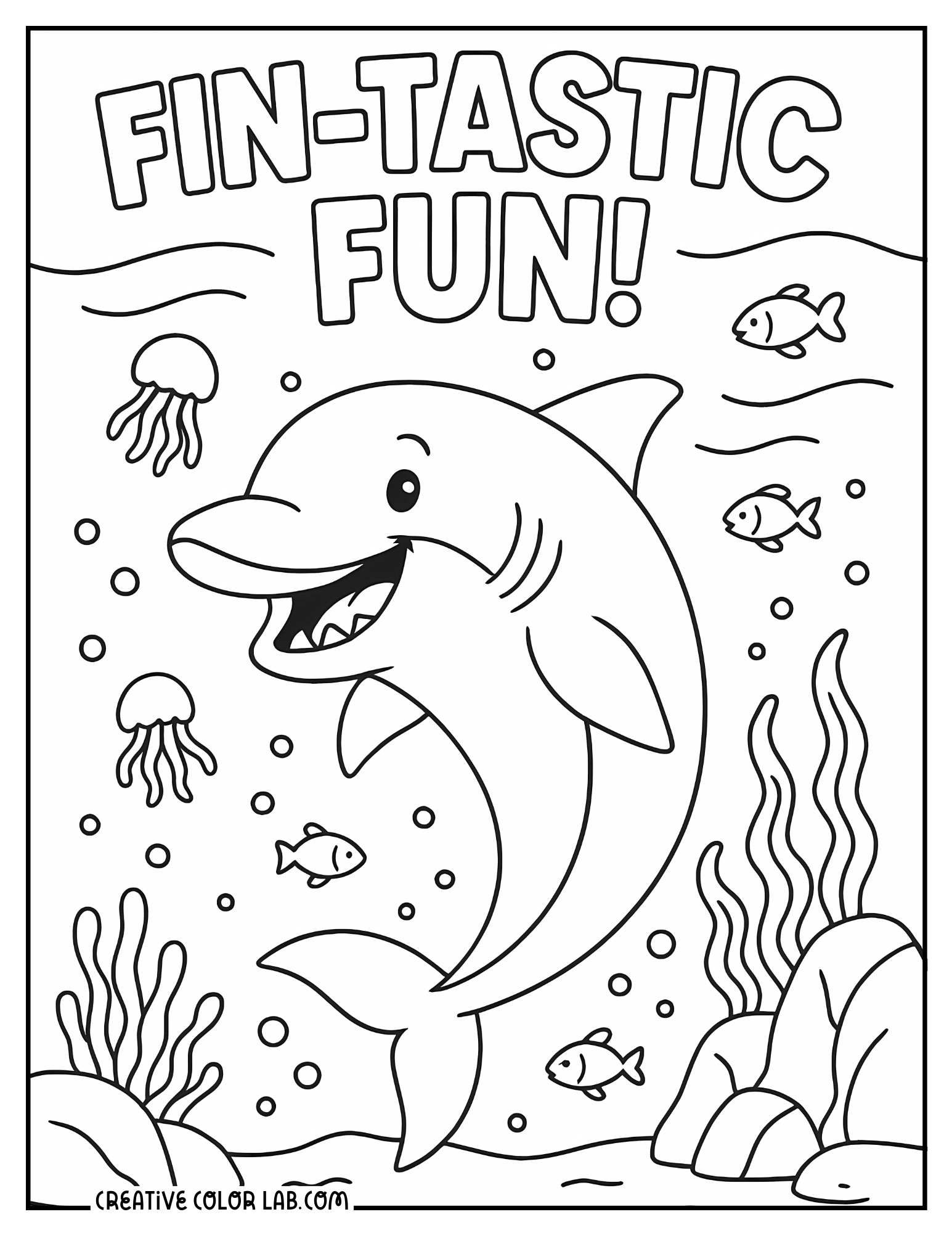 A smiling dolphin cartoon coloring page.