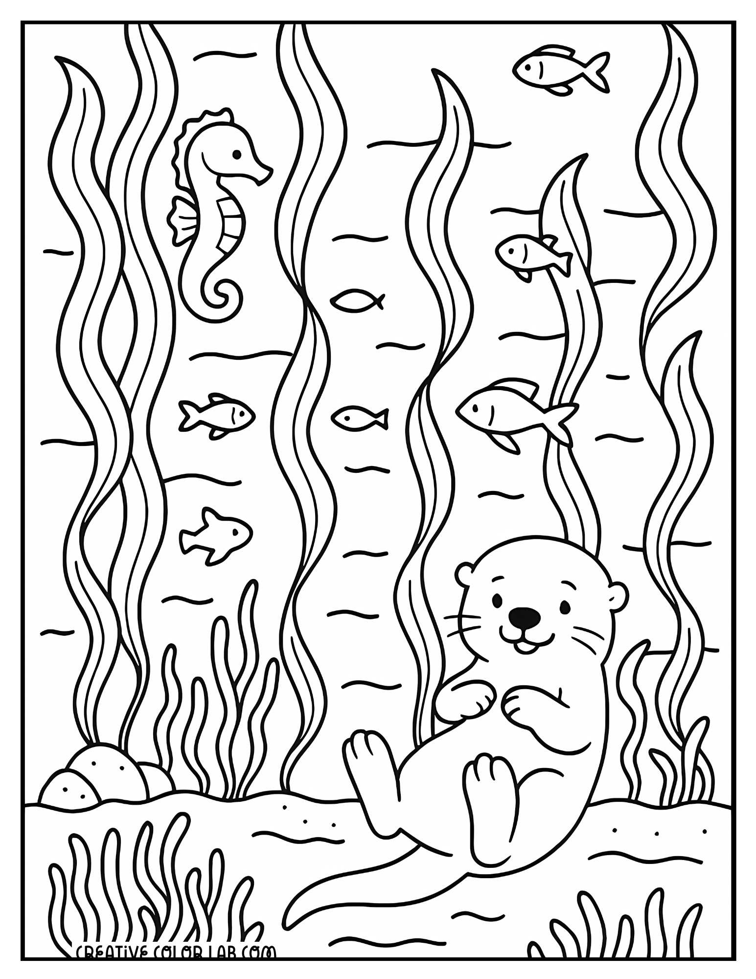A kelp forest with an otter coloring sheet.