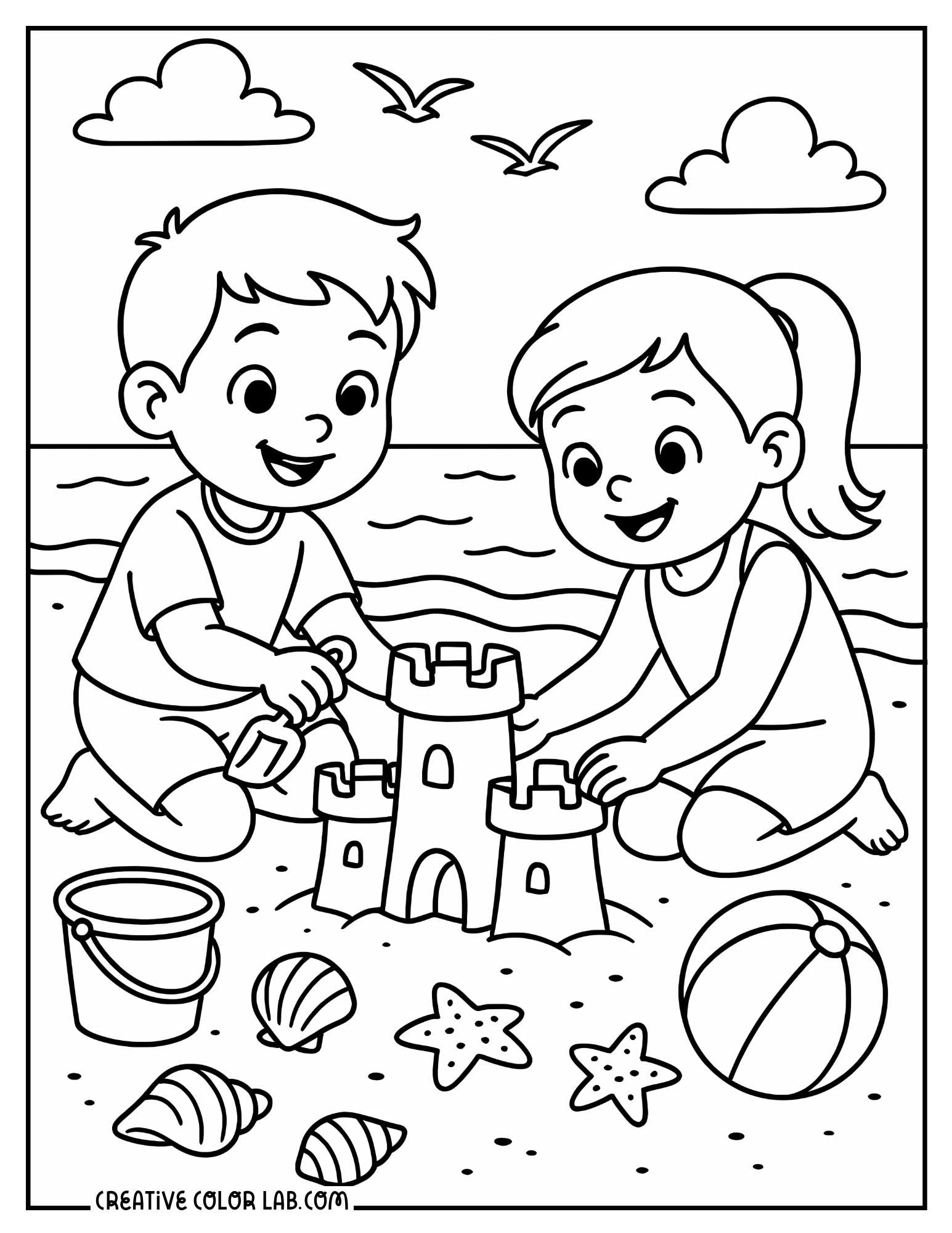 Two kids building a sandcastle at the beach coloring page.