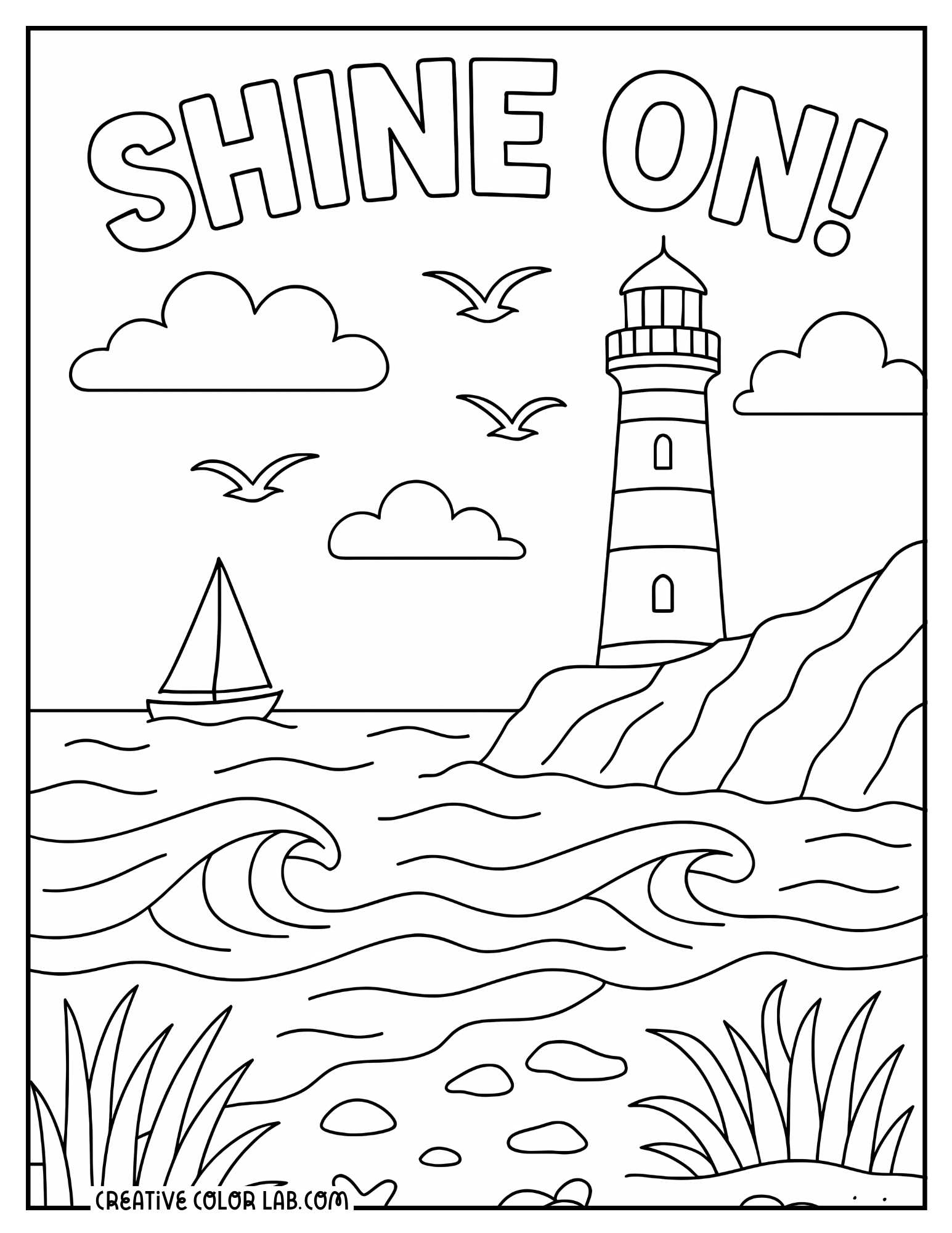A lighthouse and seaside scene coloring sheet.